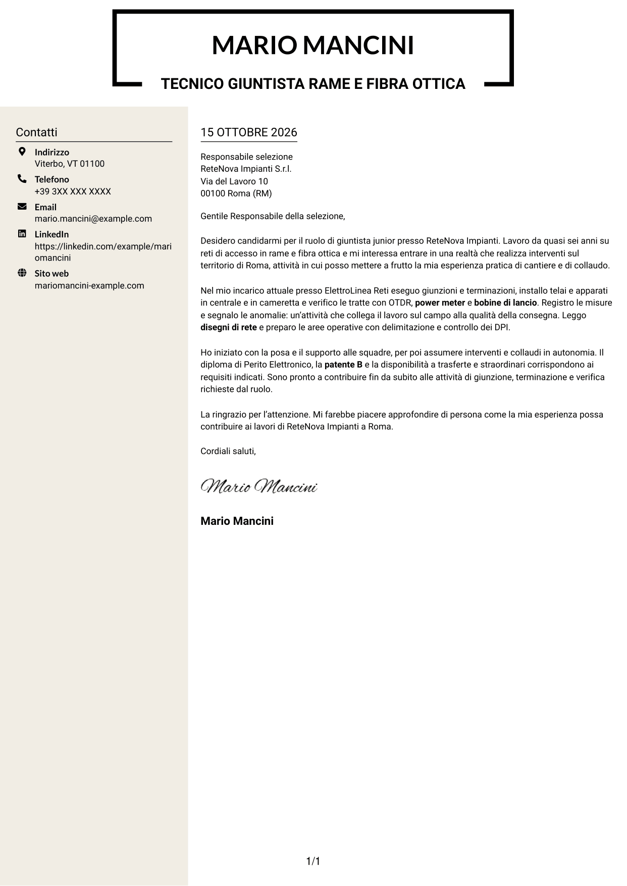 Lettera di presentazione Intraprendente (formato a due colonne con intestazione centrata senza foto): Giuntista Junior - Rame e Fibra Ottica, pagina 1