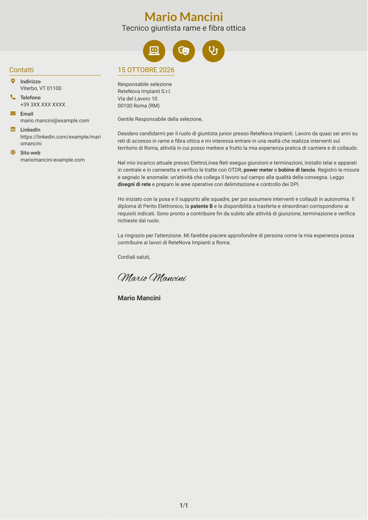 Lettera di presentazione Dinamico (formato a due colonne con icone): Giuntista Junior - Rame e Fibra Ottica, pagina 1
