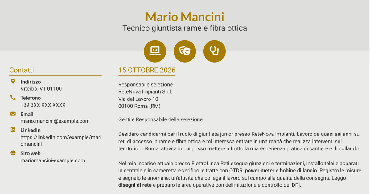 7 modelli di lettera di presentazione per Giuntista Junior - Rame e Fibra Ottica, con esempi