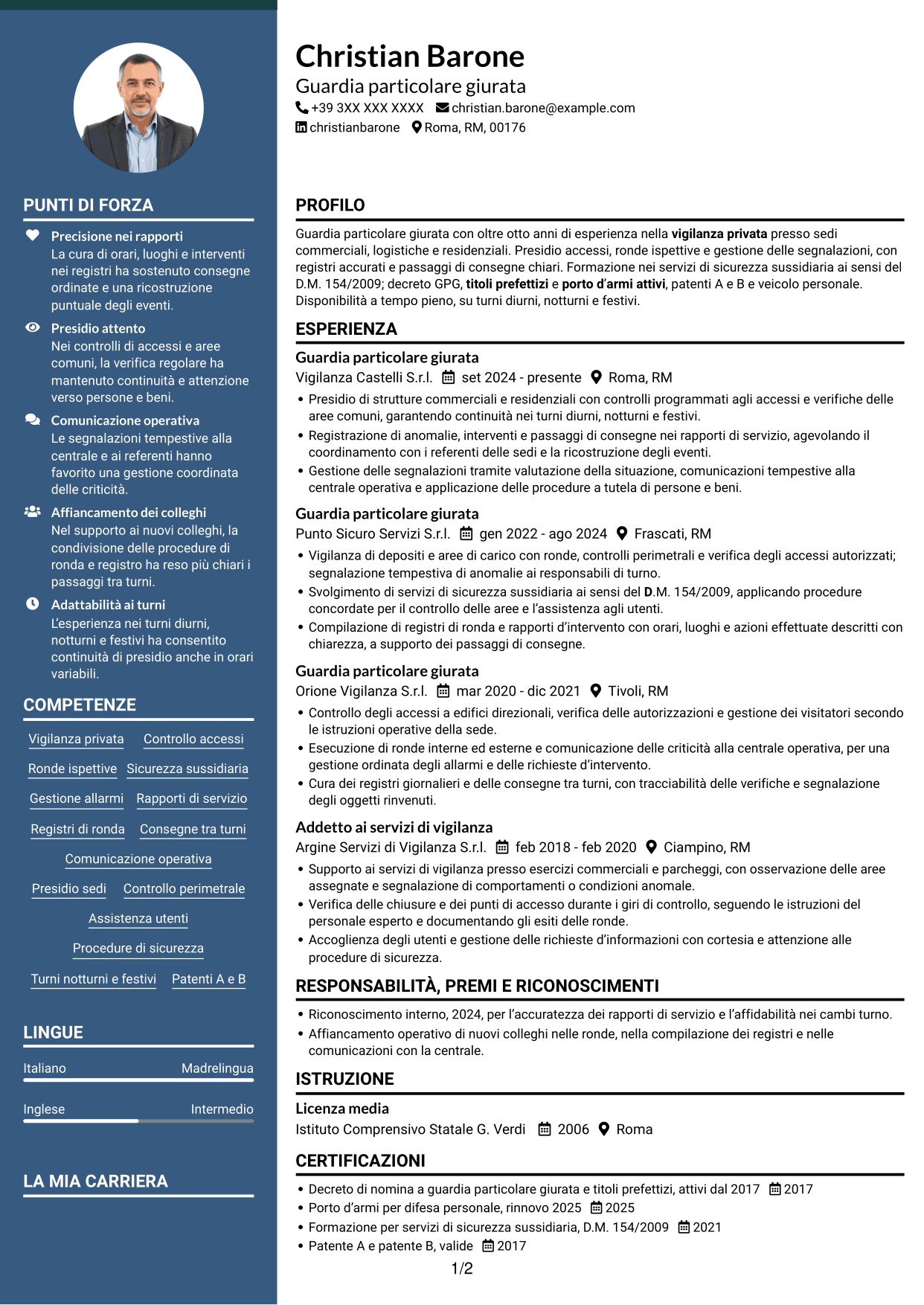 CV Elegante (formato con colonna laterale colorata e foto): Guardia giurata - Vigilanza privata, pagina 1