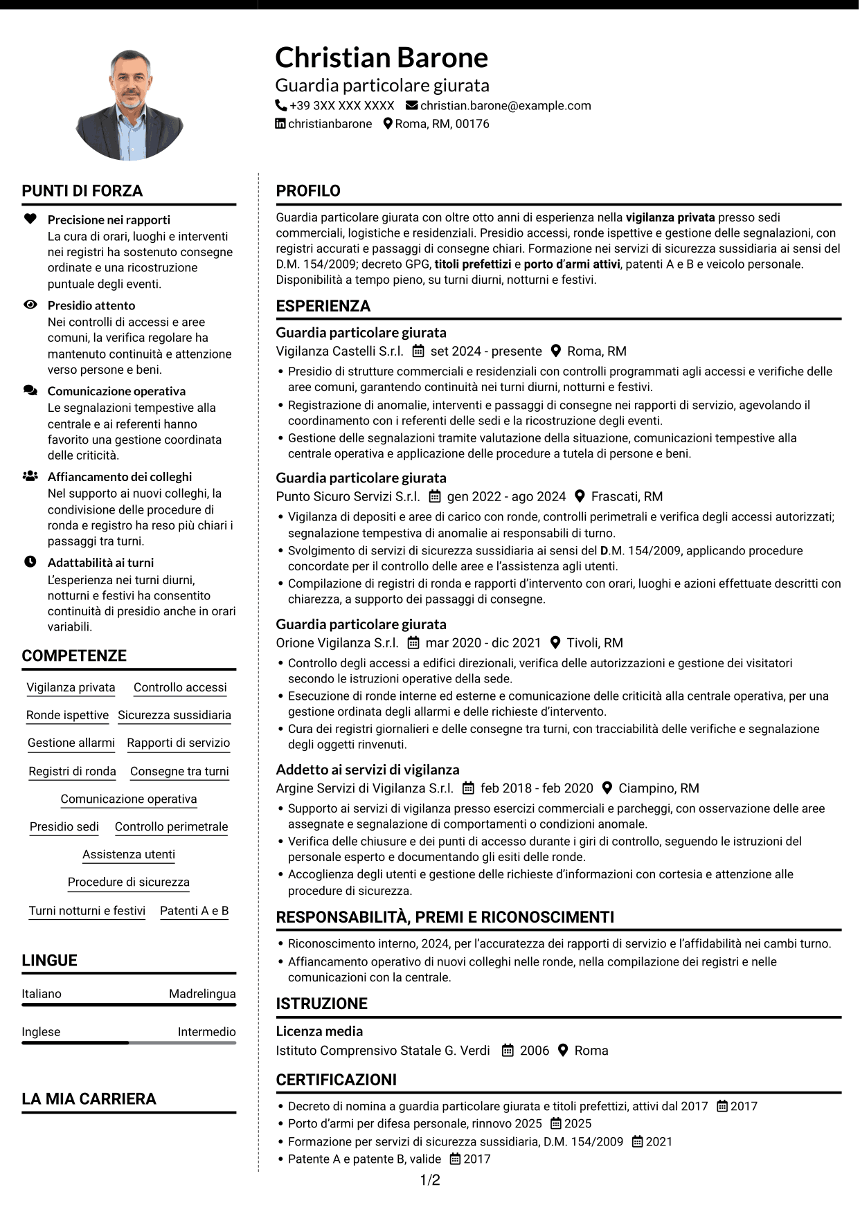 CV Moderno (formato a due colonne con foto a sinistra e separatore): Guardia giurata - Vigilanza privata, pagina 1