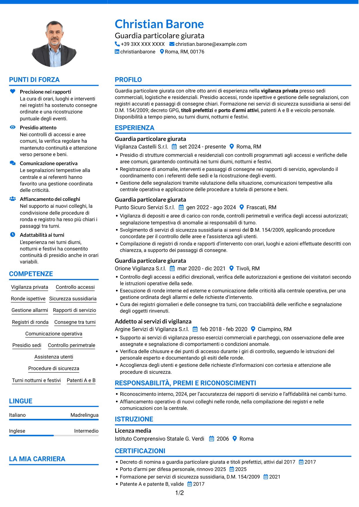 CV Audace (formato a due colonne con accenti colorati e foto): Guardia giurata - Vigilanza privata, pagina 1