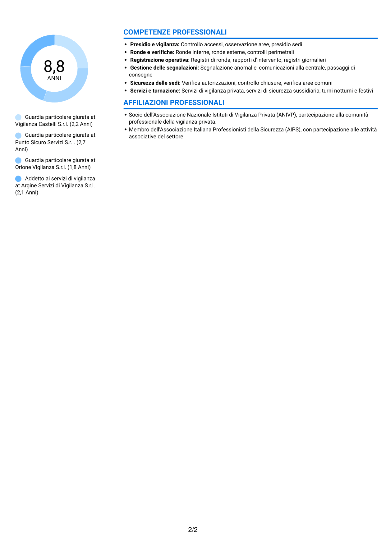 CV Audace (formato a due colonne con accenti colorati e foto): Guardia giurata - Vigilanza privata, pagina 2