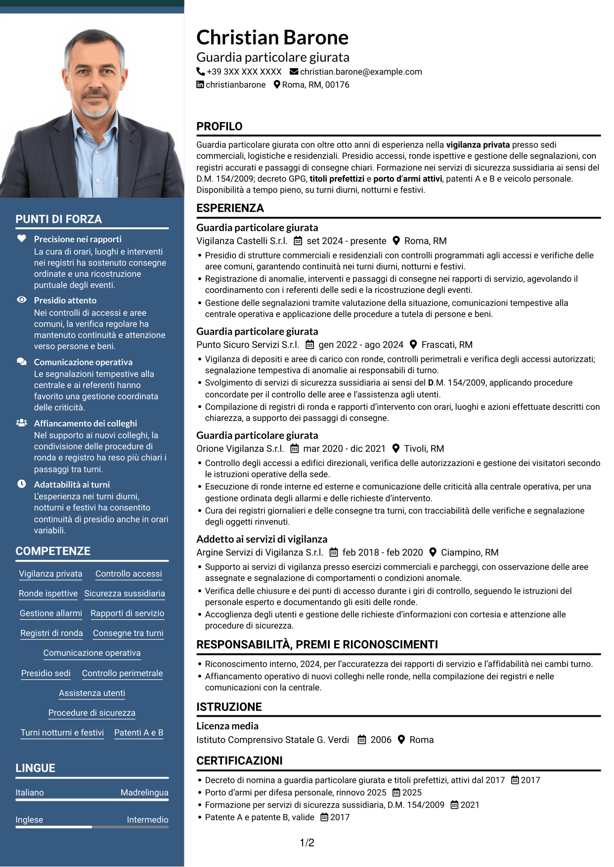 CV Signature (formato con colonna laterale colorata e foto grande): Guardia giurata - Vigilanza privata, pagina 1