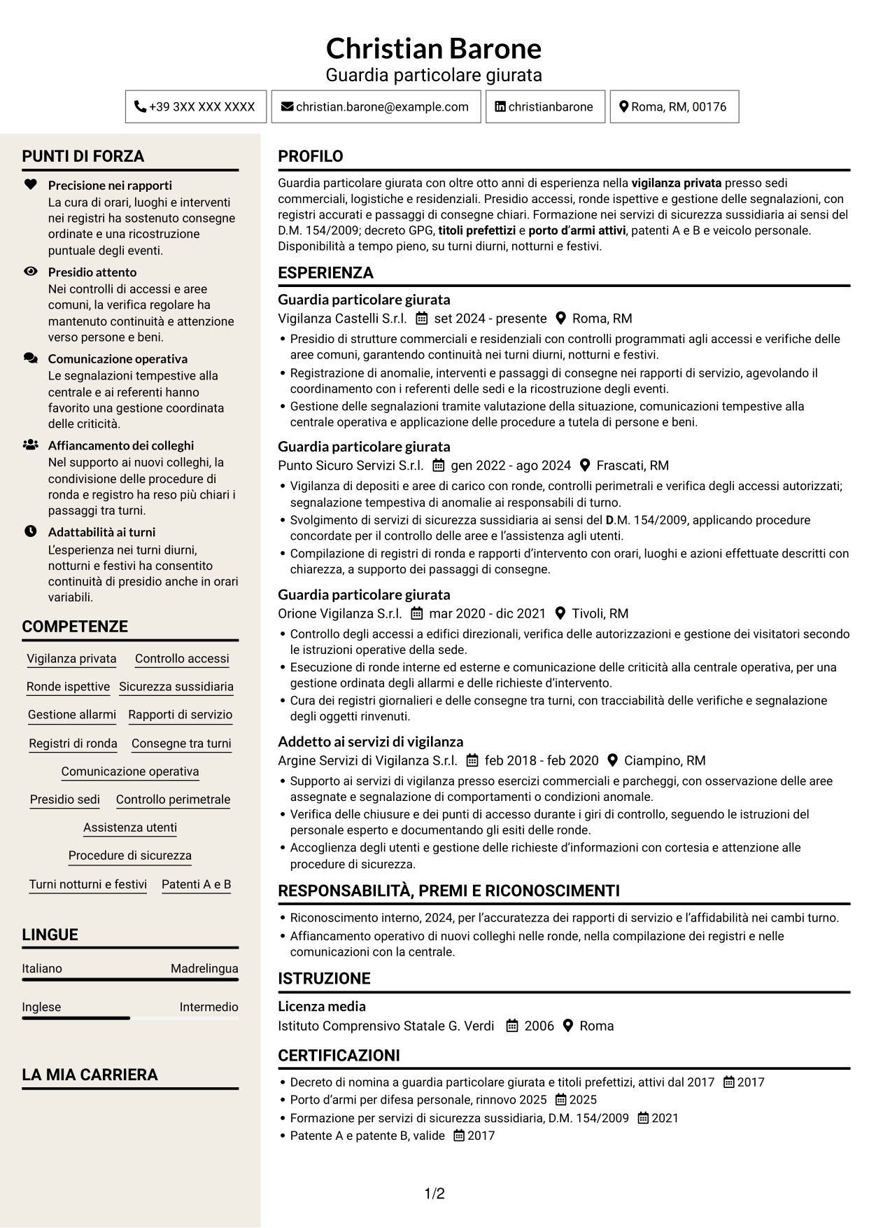 CV Intraprendente (formato a due colonne con intestazione centrata senza foto): Guardia giurata - Vigilanza privata, pagina 1