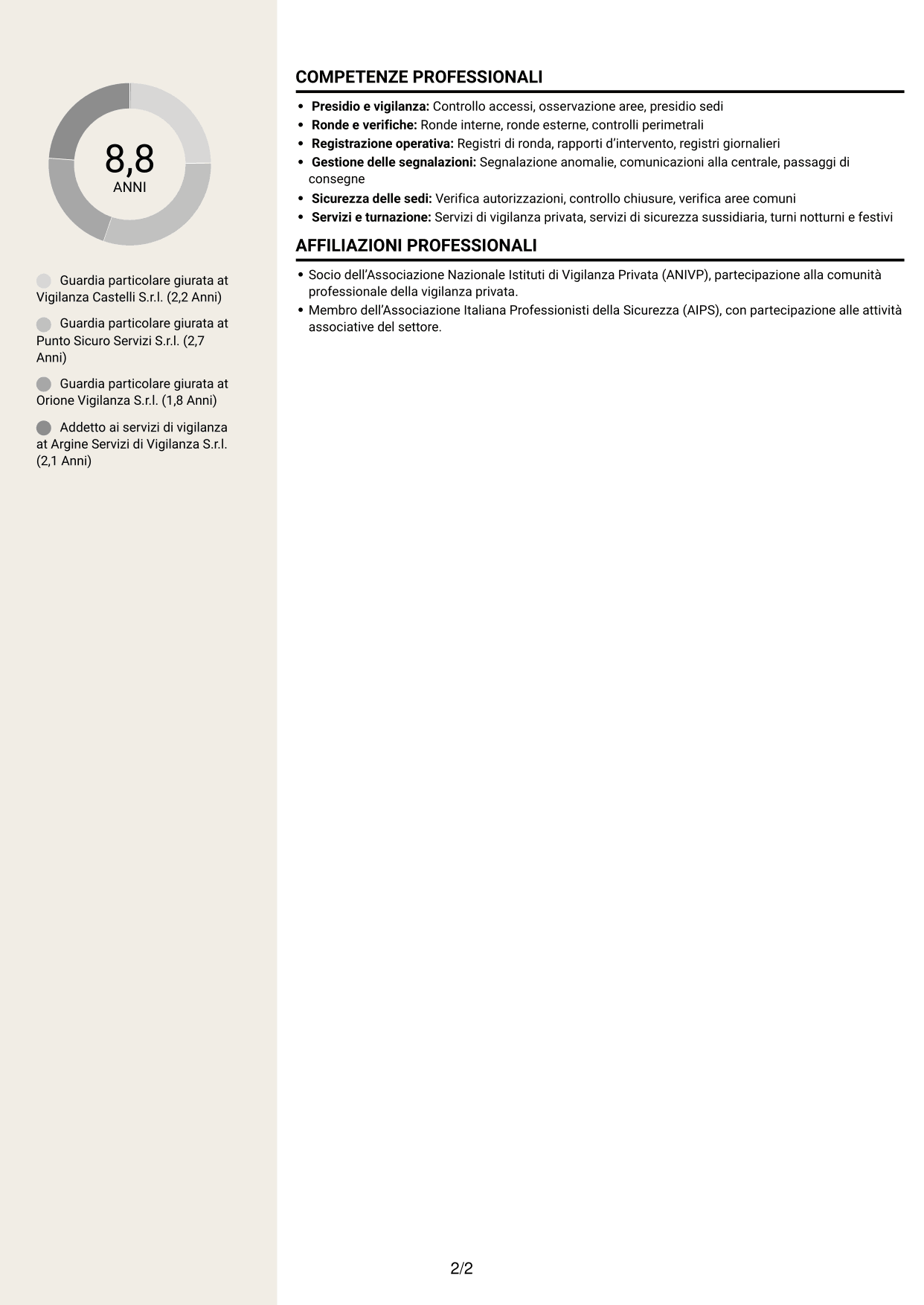 CV Intraprendente (formato a due colonne con intestazione centrata senza foto): Guardia giurata - Vigilanza privata, pagina 2