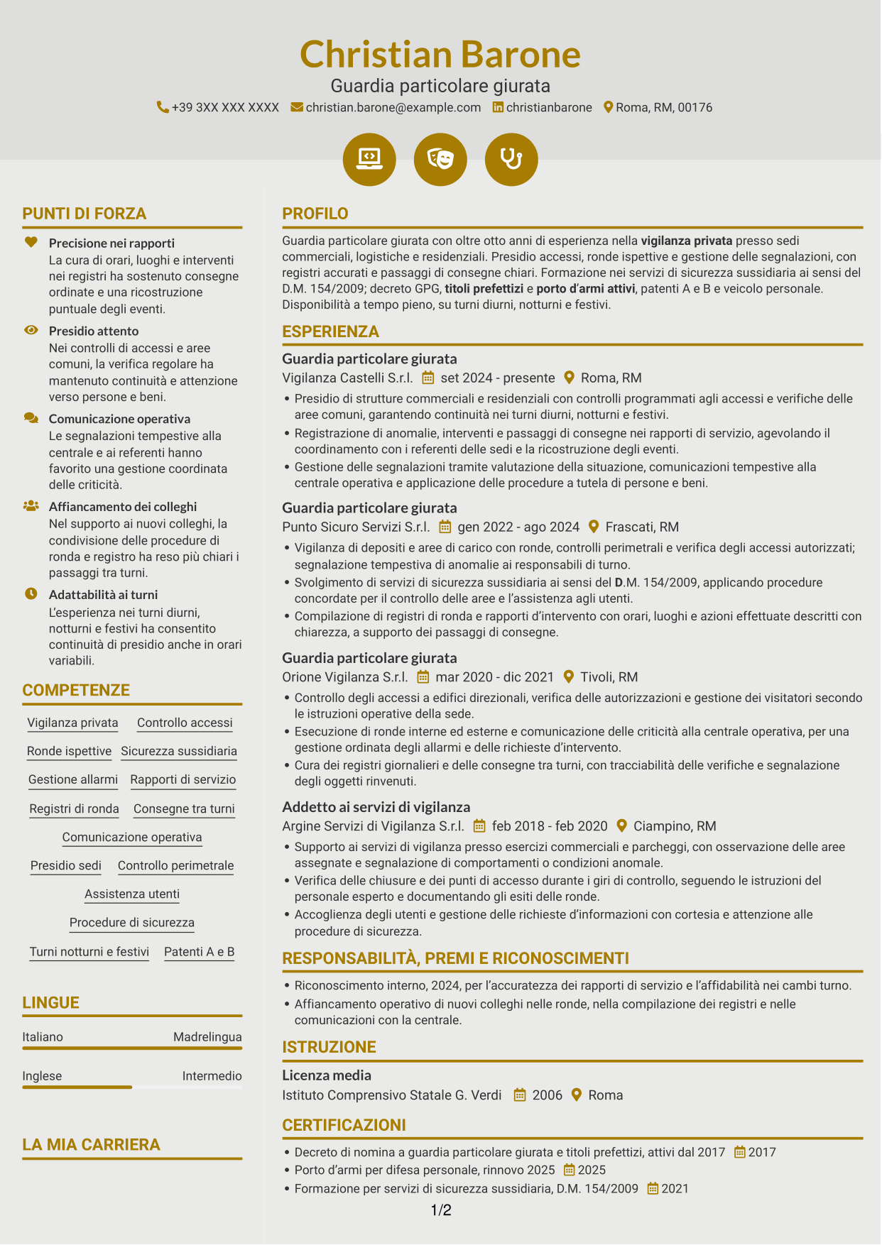 CV Dinamico (formato a due colonne con icone): Guardia giurata - Vigilanza privata, pagina 1