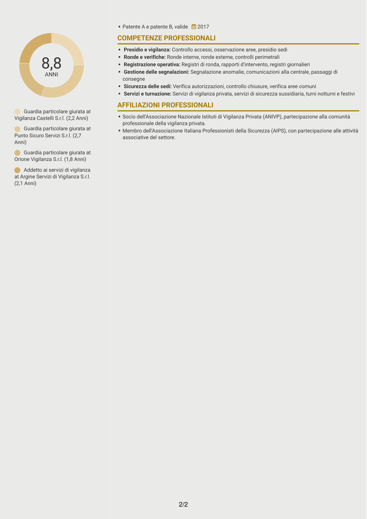 CV Dinamico (formato a due colonne con icone): Guardia giurata - Vigilanza privata, pagina 2