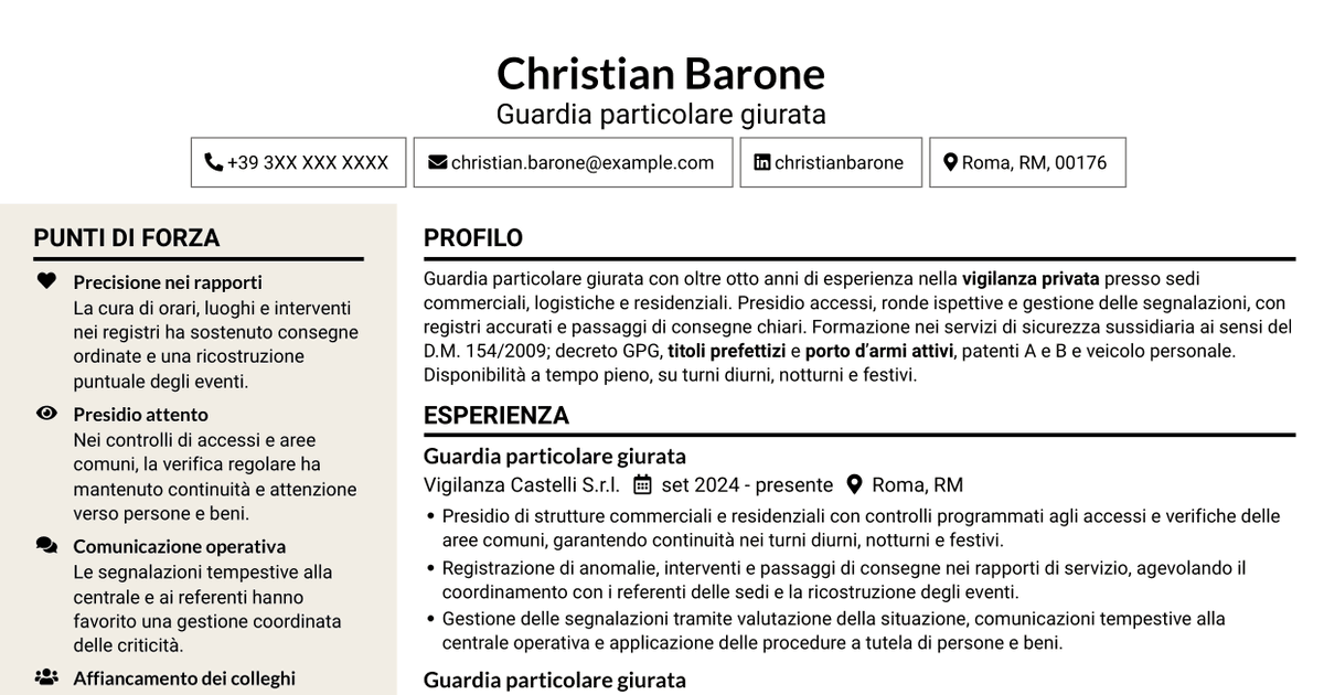 7 modelli di CV per Guardia giurata - Vigilanza privata, con esempi