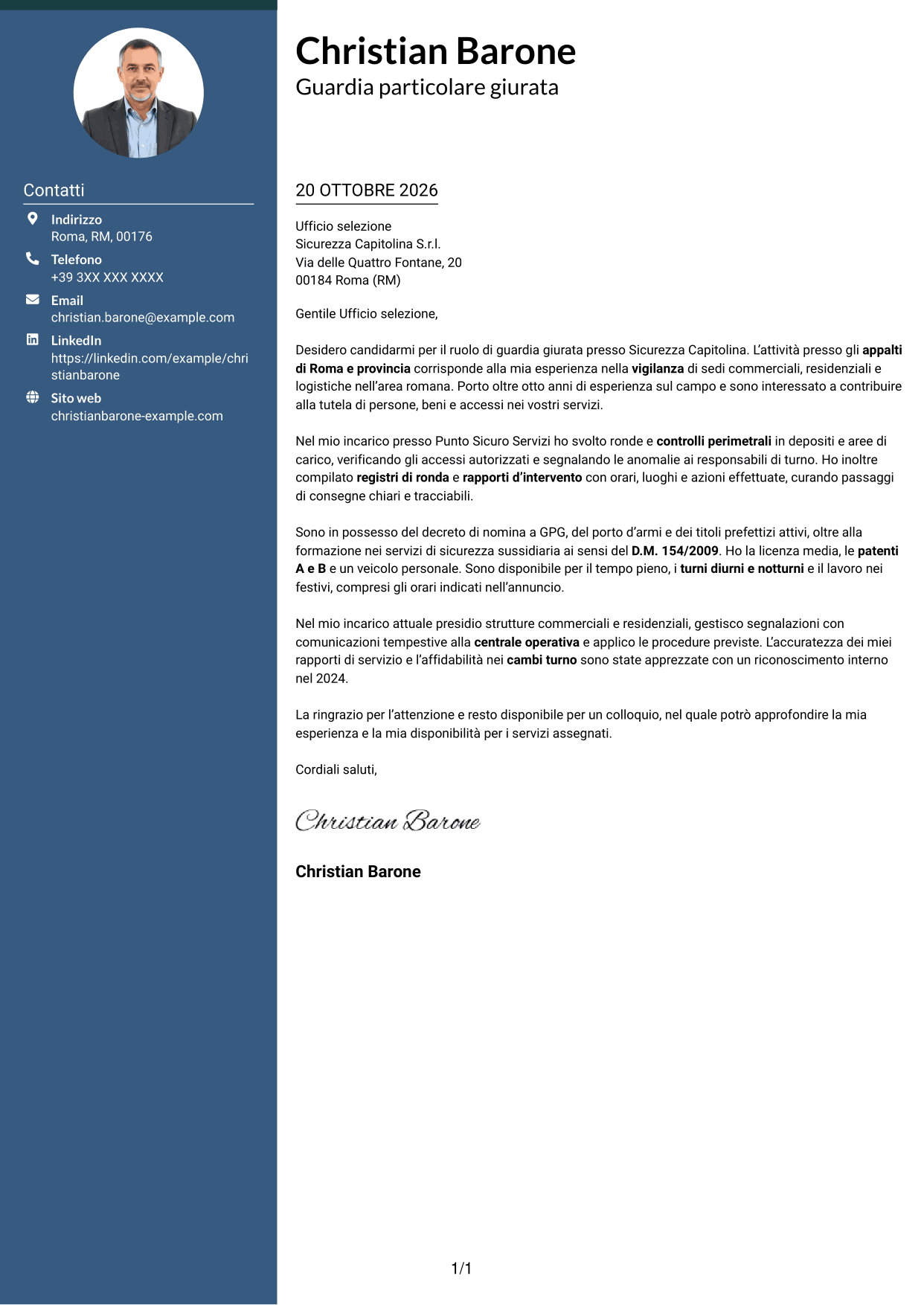 Lettera di presentazione Elegante (formato con colonna laterale colorata e foto): Guardia giurata - Vigilanza privata, pagina 1