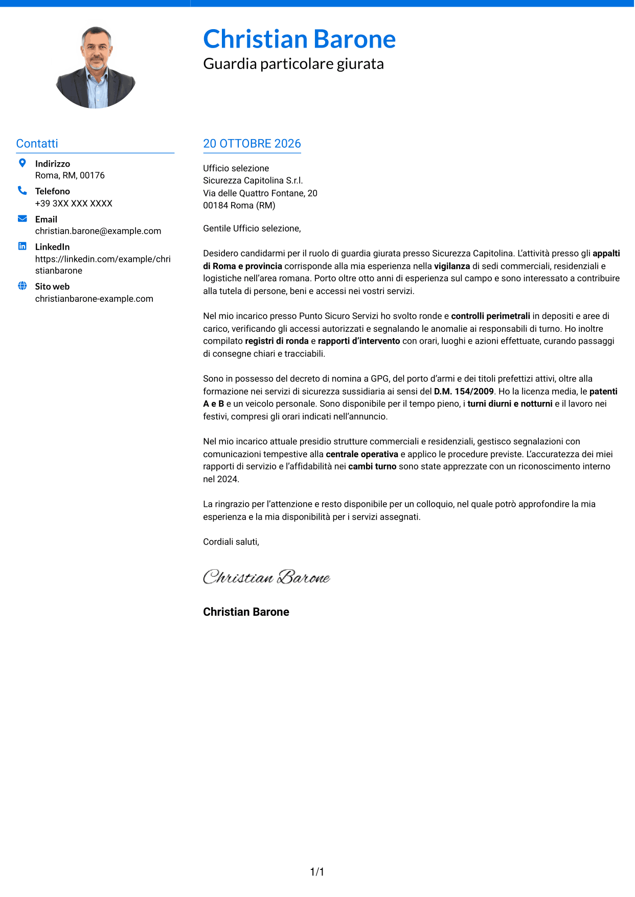 Lettera di presentazione Audace (formato a due colonne con accenti colorati e foto): Guardia giurata - Vigilanza privata, pagina 1