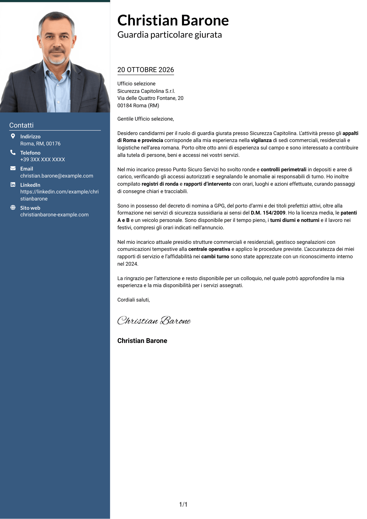 Lettera di presentazione Signature (formato con colonna laterale colorata e foto grande): Guardia giurata - Vigilanza privata, pagina 1