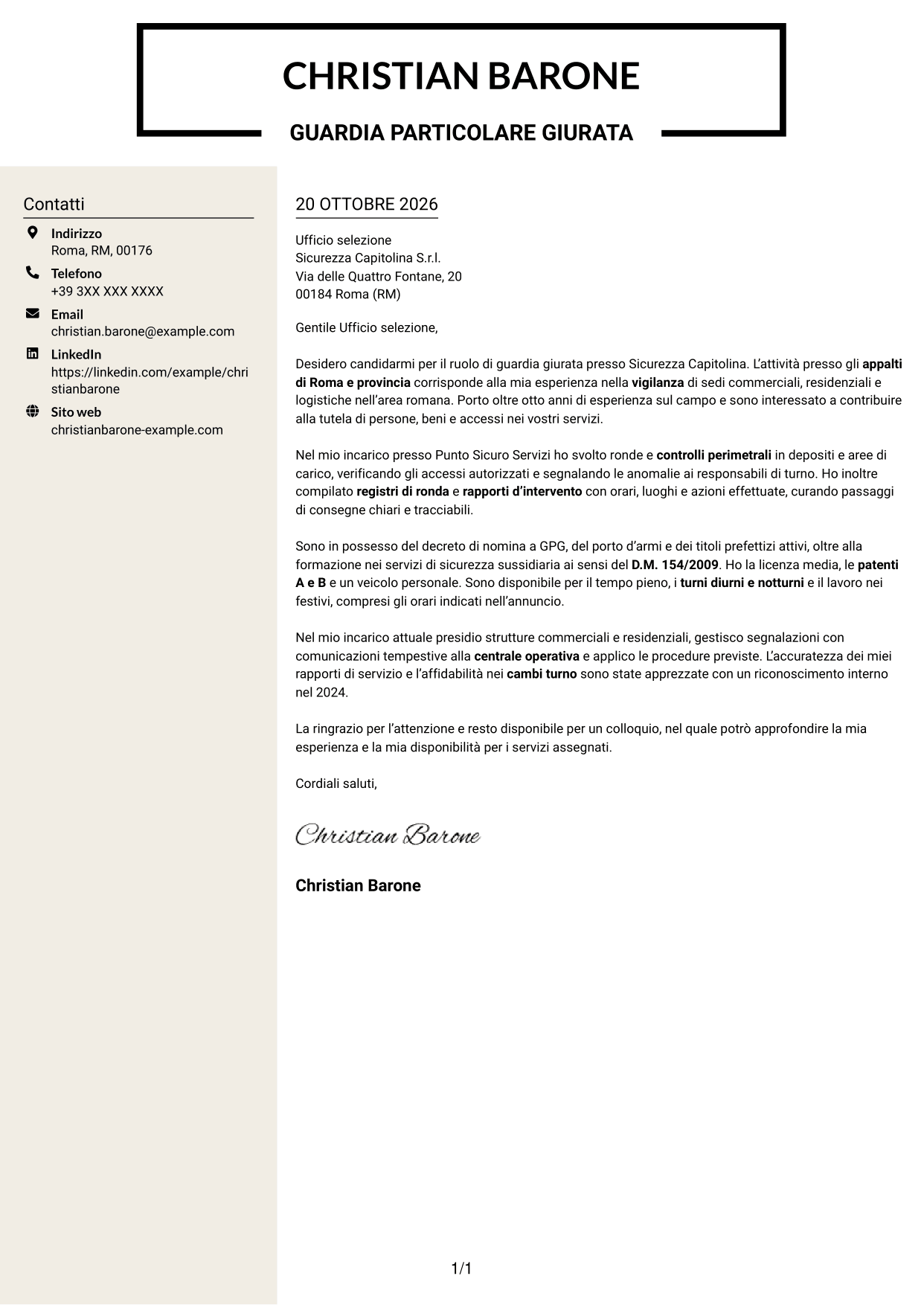 Lettera di presentazione Intraprendente (formato a due colonne con intestazione centrata senza foto): Guardia giurata - Vigilanza privata, pagina 1