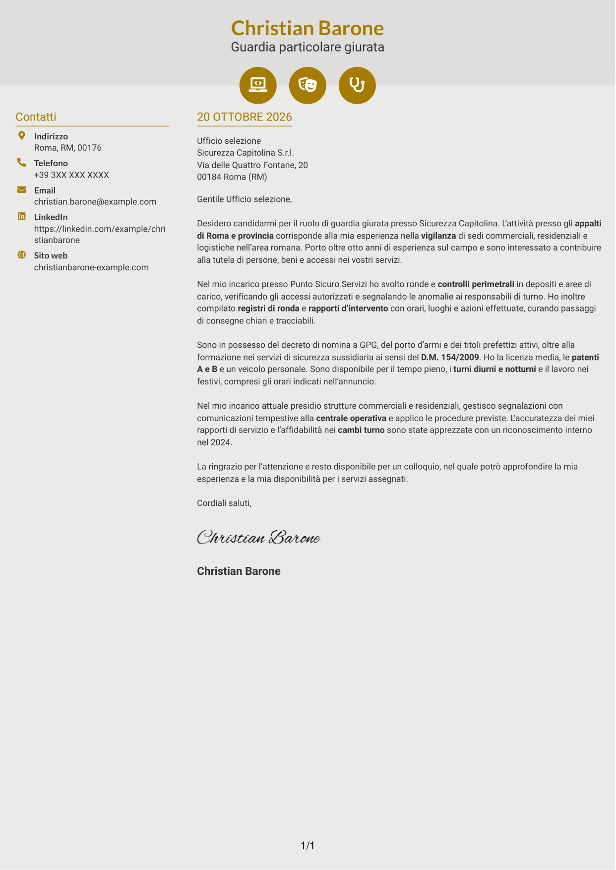 Lettera di presentazione Dinamico (formato a due colonne con icone): Guardia giurata - Vigilanza privata, pagina 1