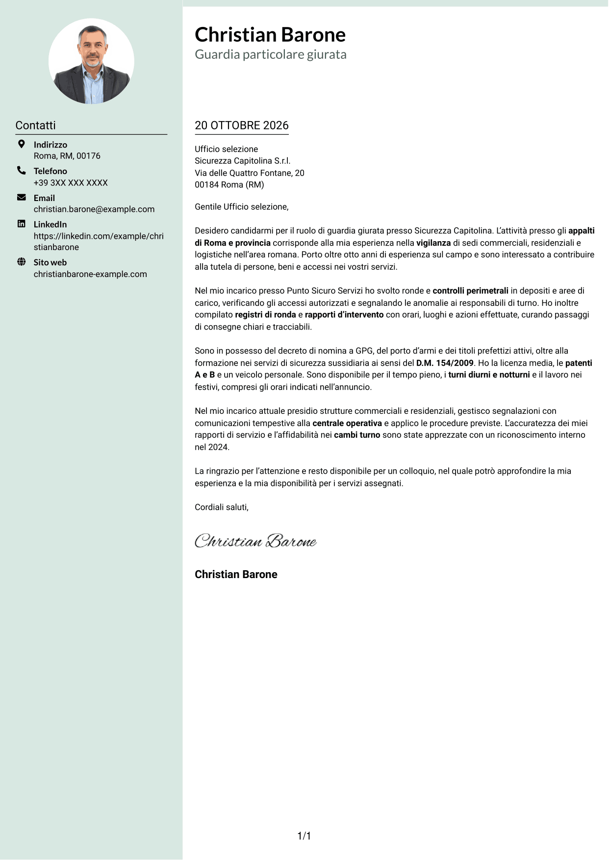 Lettera di presentazione Dirigente (formato con colonna laterale tenue e foto arrotondata): Guardia giurata - Vigilanza privata, pagina 1