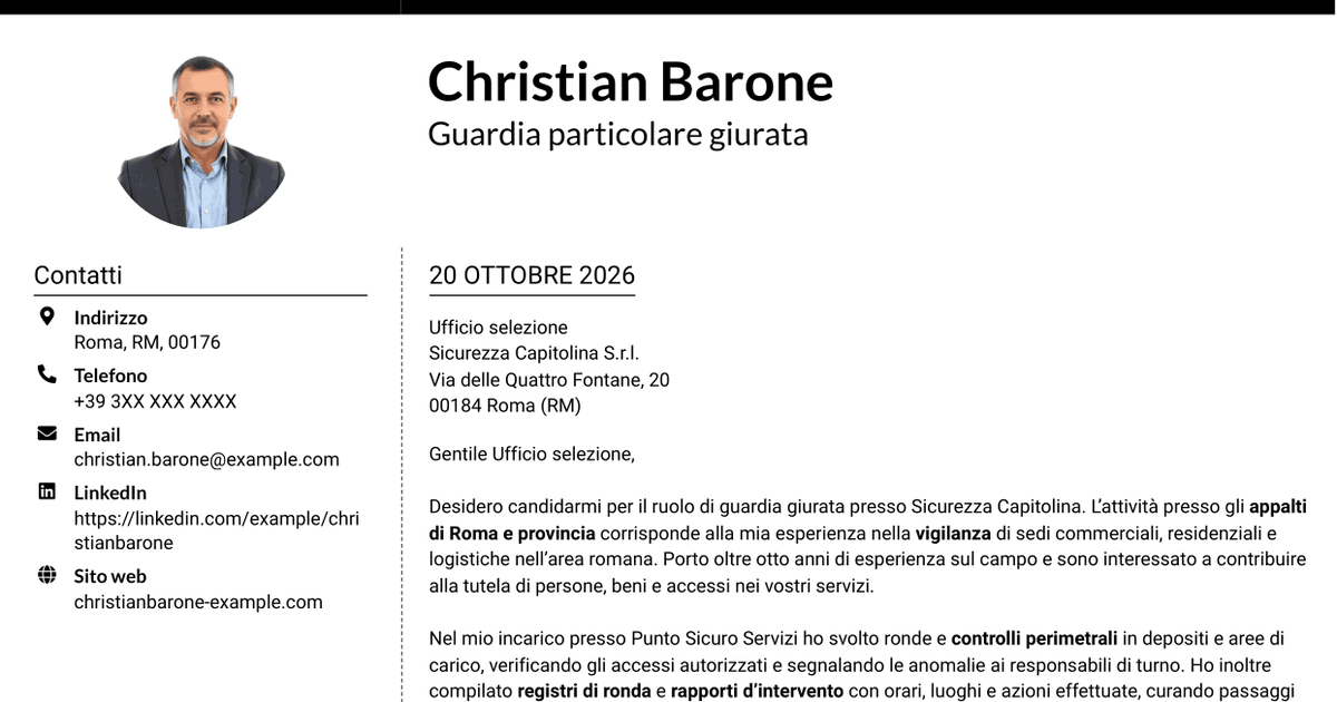 7 modelli di lettera di presentazione per Guardia giurata - Vigilanza privata, con esempi