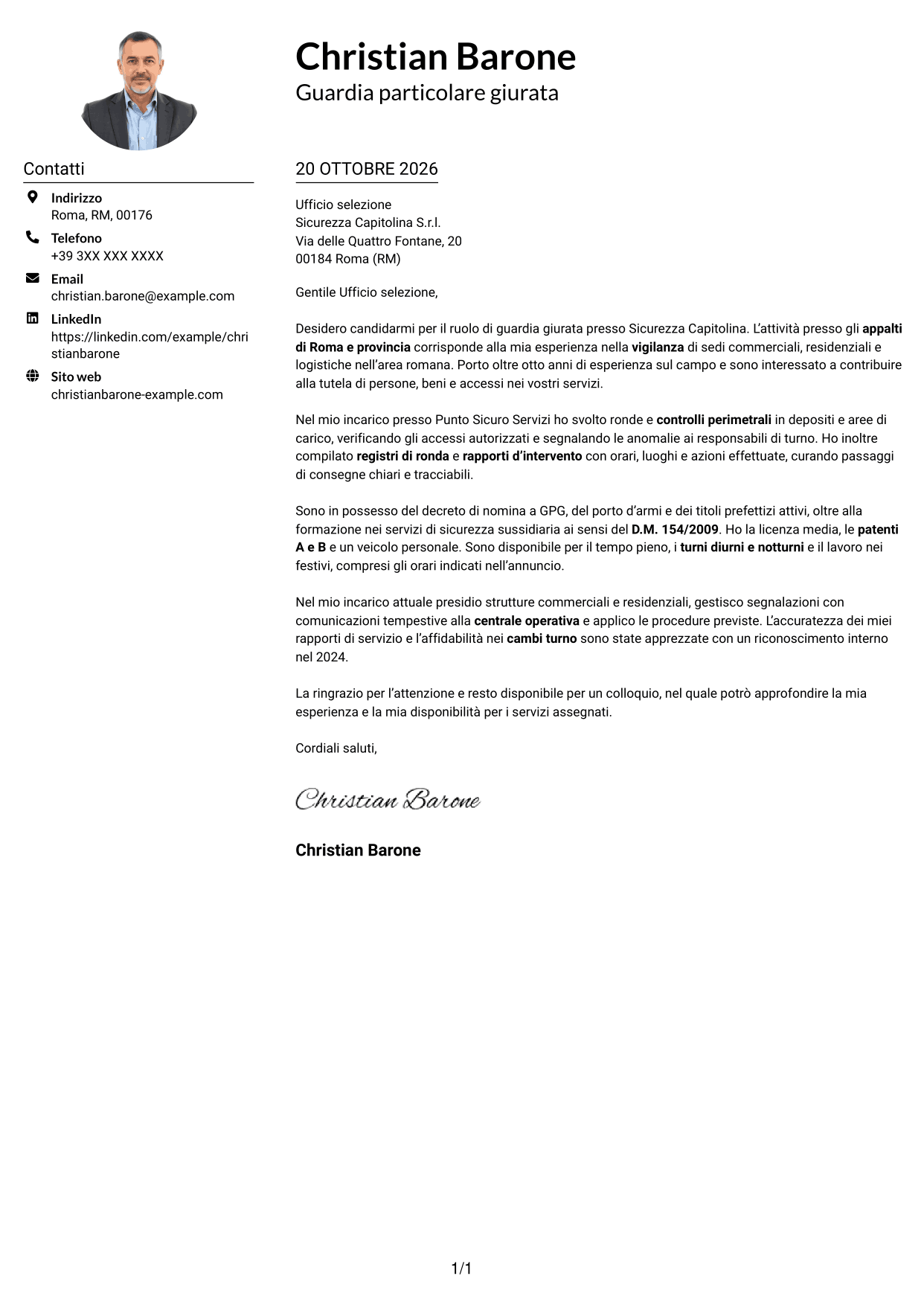 Esempio di lettera di presentazione — pagina 1