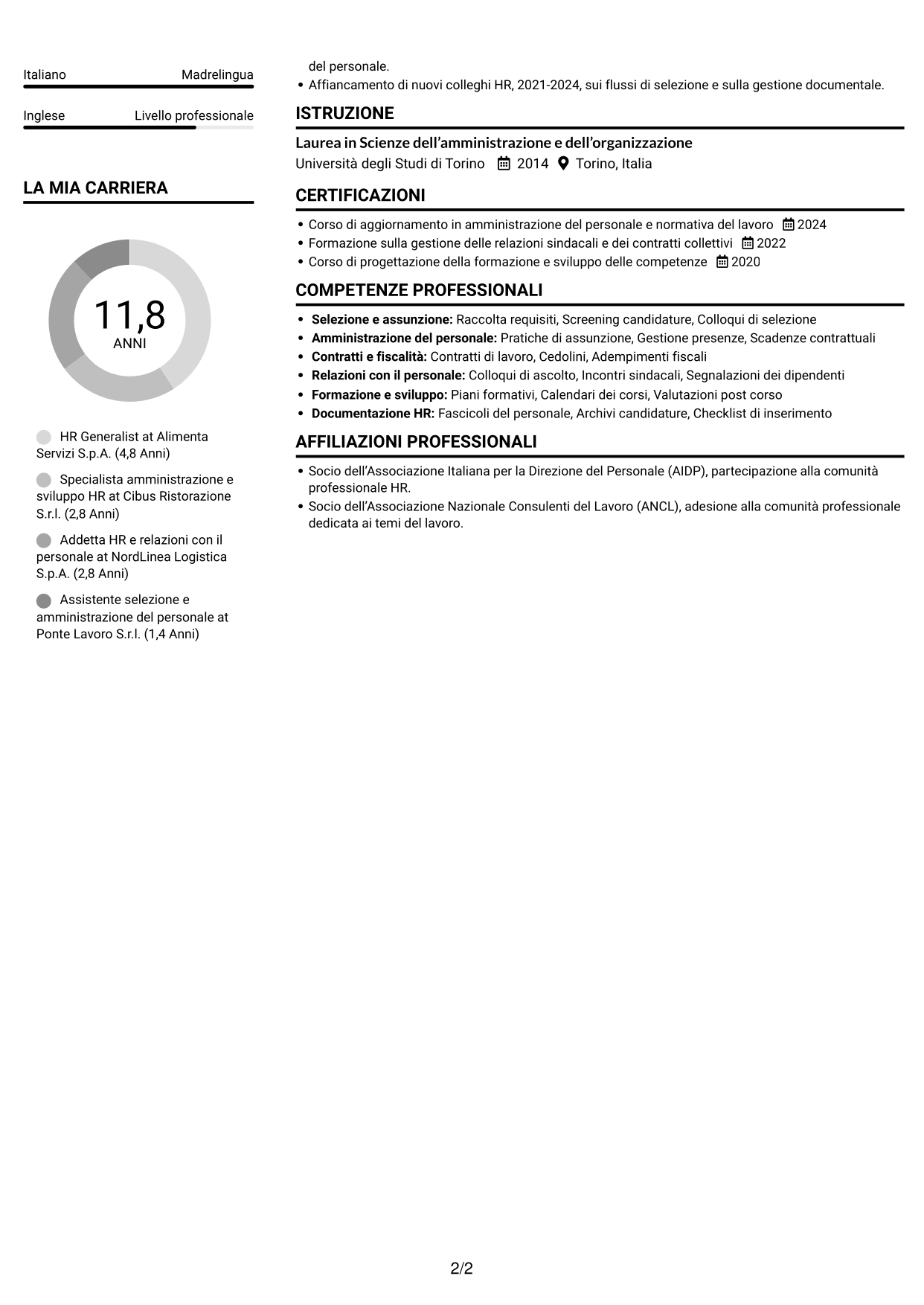 CV Compatto (formato sobrio a due colonne con foto): HR Generalist - Servizi di ristorazione, pagina 2