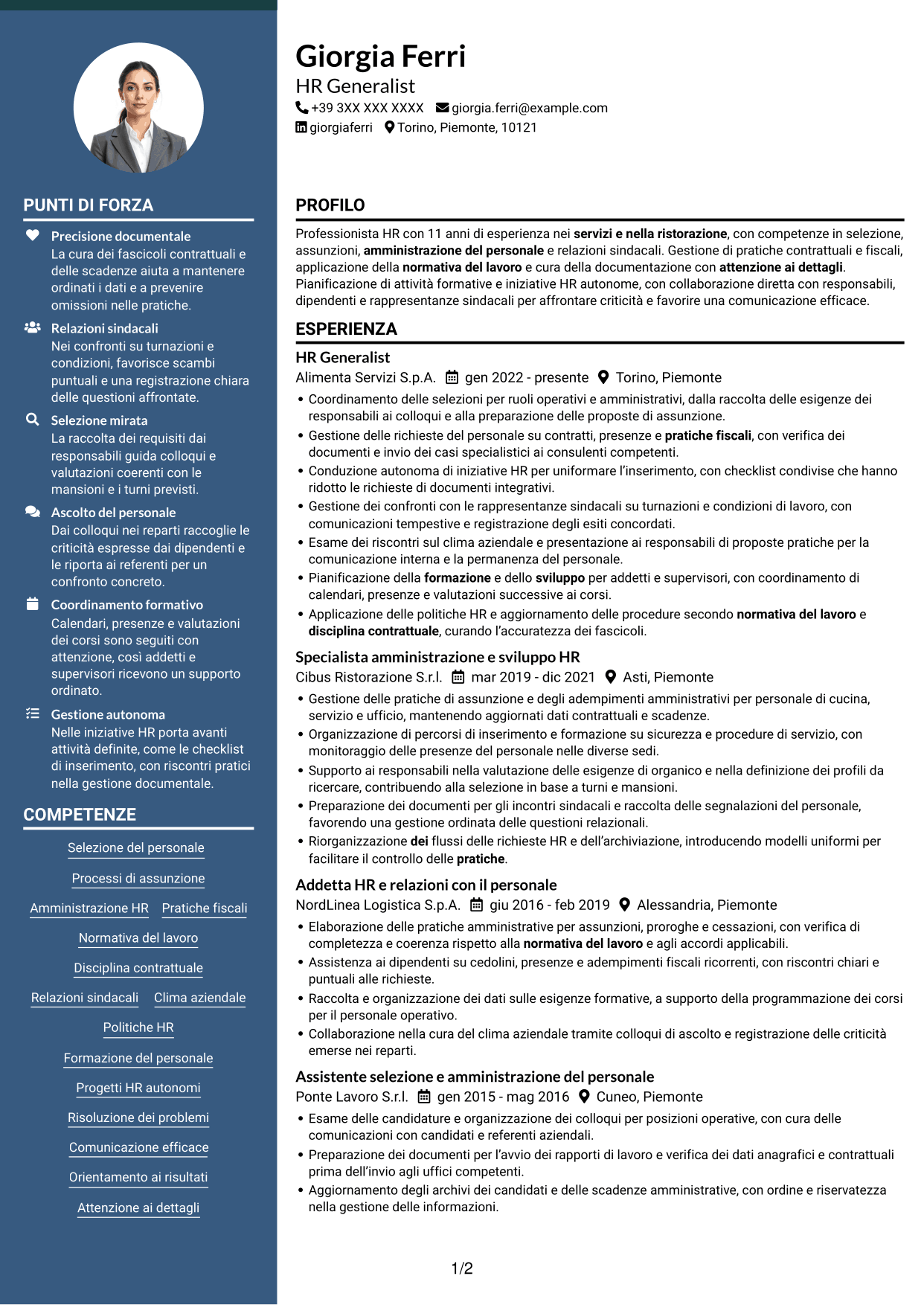 CV Elegante (formato con colonna laterale colorata e foto): HR Generalist - Servizi di ristorazione, pagina 1