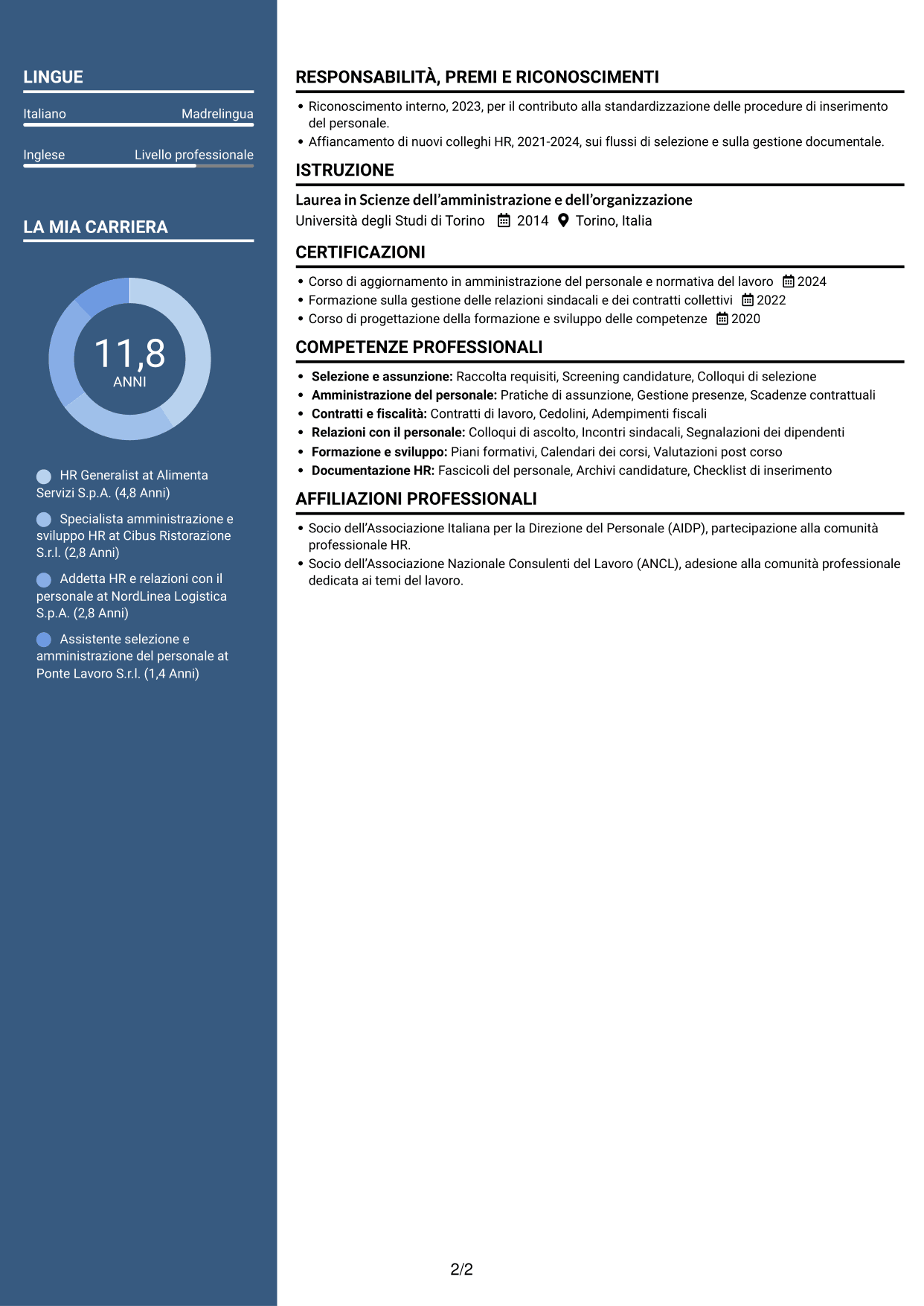 CV Elegante (formato con colonna laterale colorata e foto): HR Generalist - Servizi di ristorazione, pagina 2