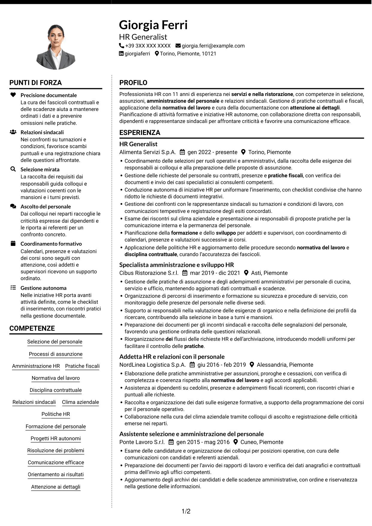 CV Moderno (formato a due colonne con foto a sinistra e separatore): HR Generalist - Servizi di ristorazione, pagina 1