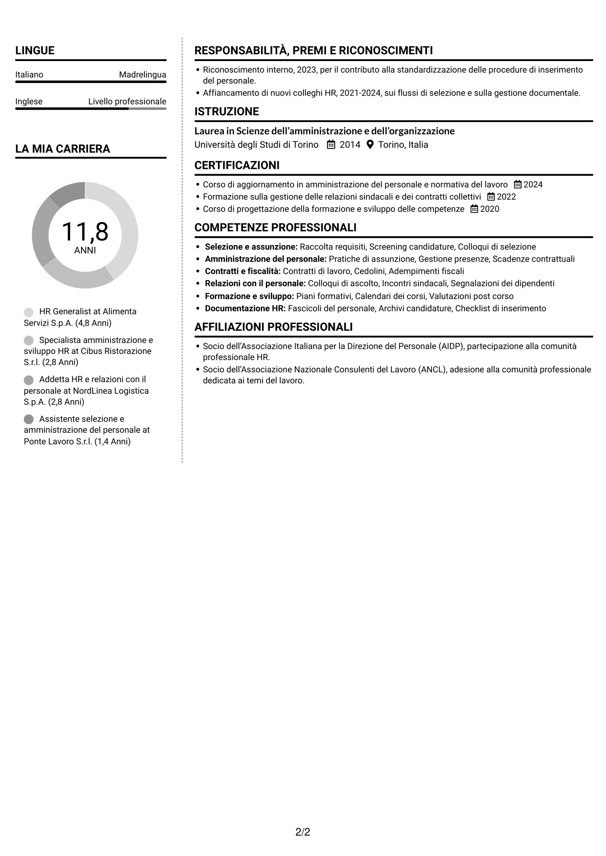 CV Moderno (formato a due colonne con foto a sinistra e separatore): HR Generalist - Servizi di ristorazione, pagina 2
