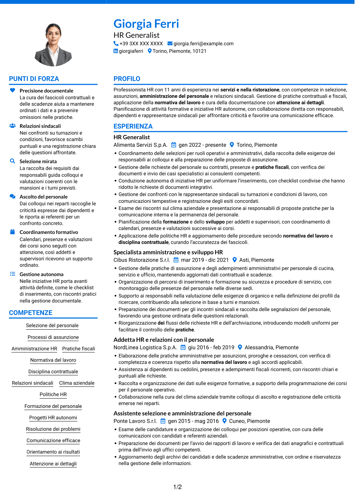 CV Audace (formato a due colonne con accenti colorati e foto): HR Generalist - Servizi di ristorazione, pagina 1