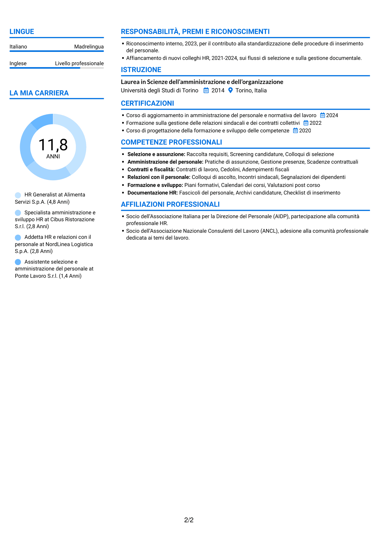 CV Audace (formato a due colonne con accenti colorati e foto): HR Generalist - Servizi di ristorazione, pagina 2