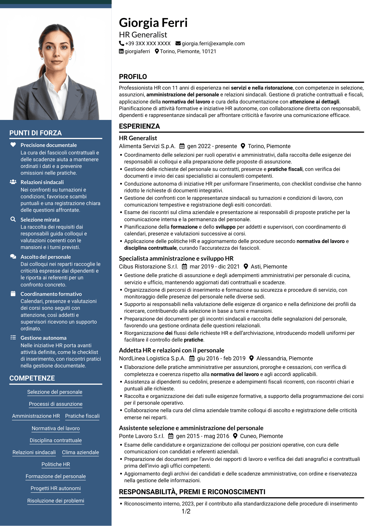 CV Signature (formato con colonna laterale colorata e foto grande): HR Generalist - Servizi di ristorazione, pagina 1