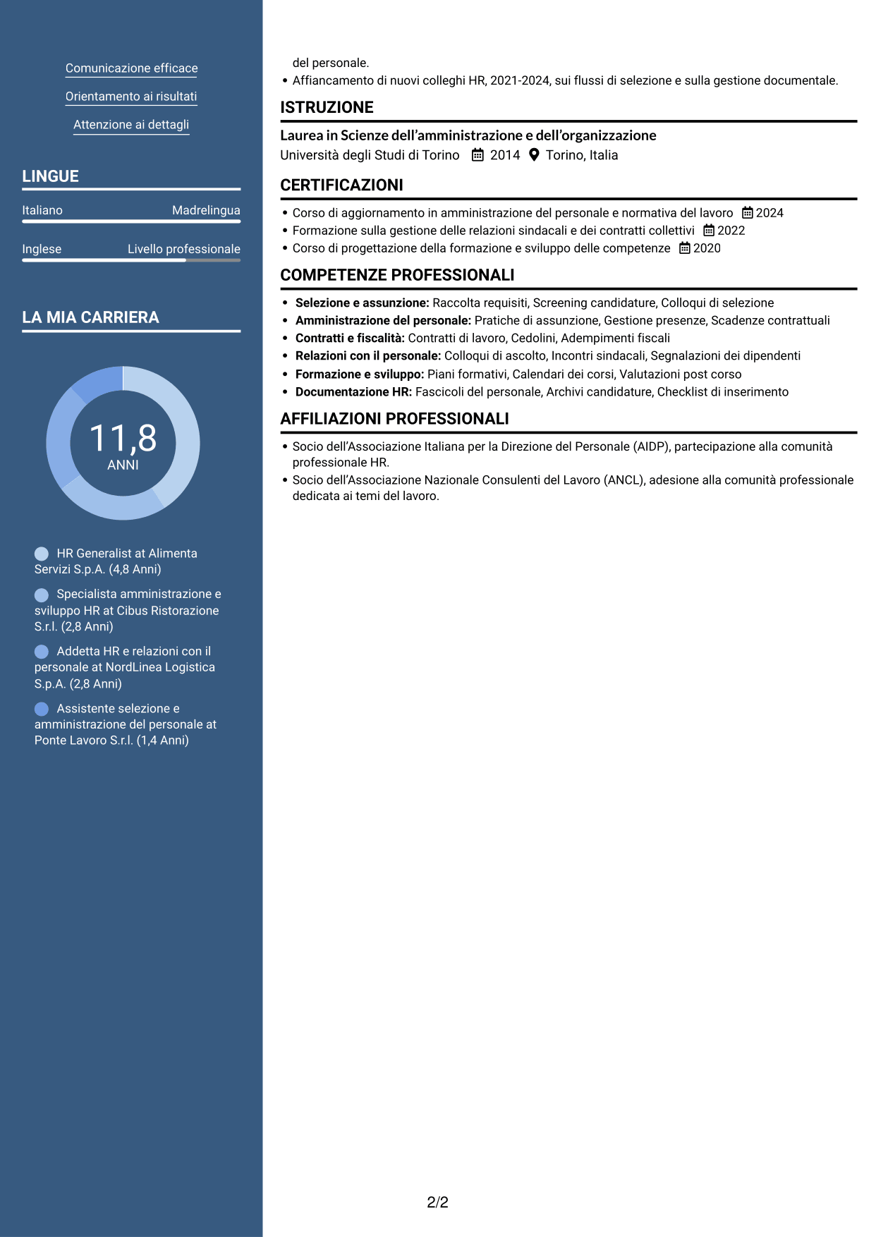 CV Signature (formato con colonna laterale colorata e foto grande): HR Generalist - Servizi di ristorazione, pagina 2