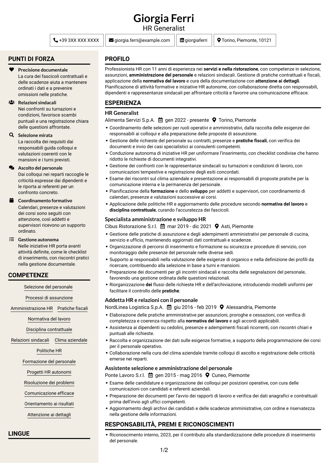 CV Intraprendente (formato a due colonne con intestazione centrata senza foto): HR Generalist - Servizi di ristorazione, pagina 1