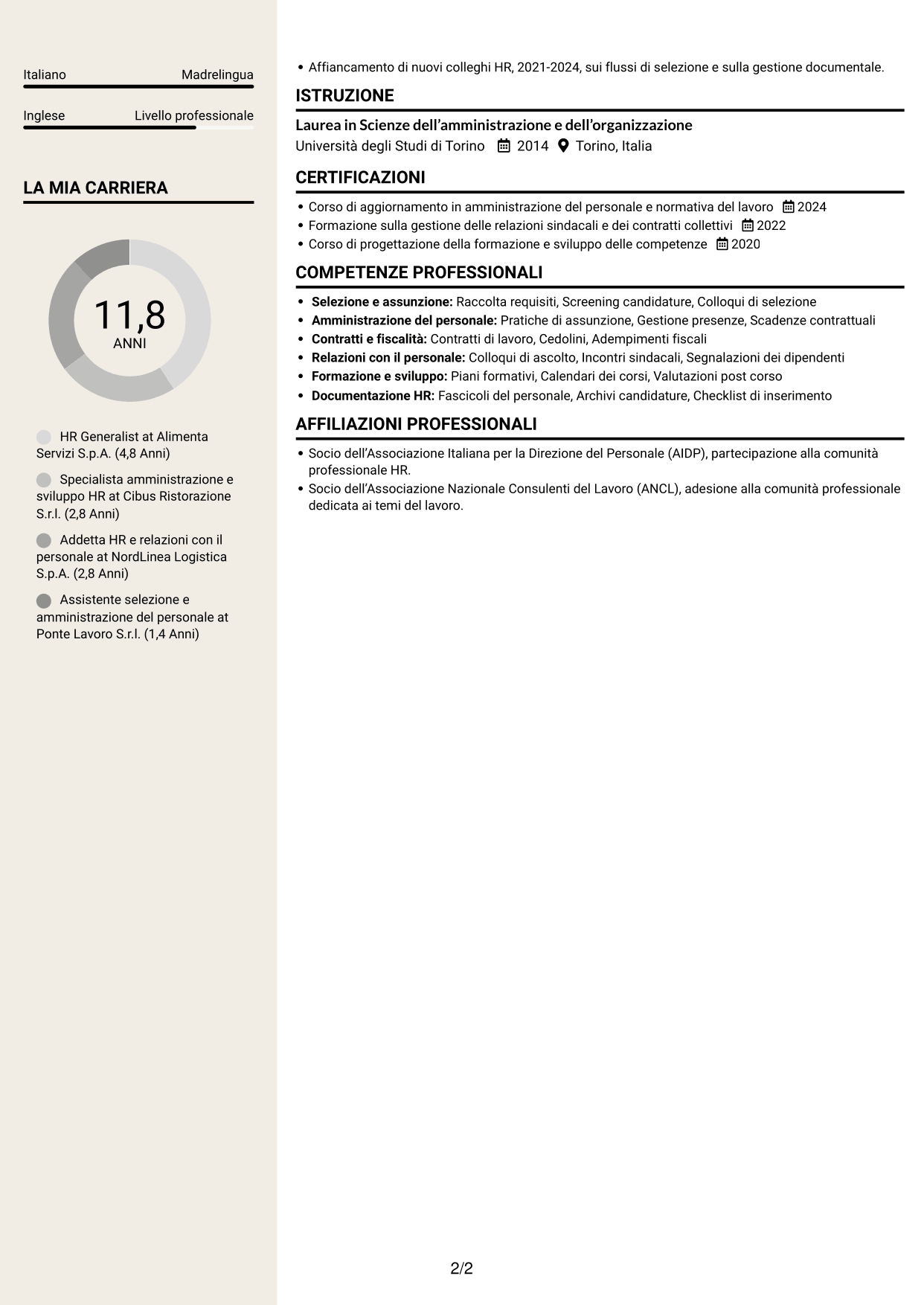 CV Intraprendente (formato a due colonne con intestazione centrata senza foto): HR Generalist - Servizi di ristorazione, pagina 2