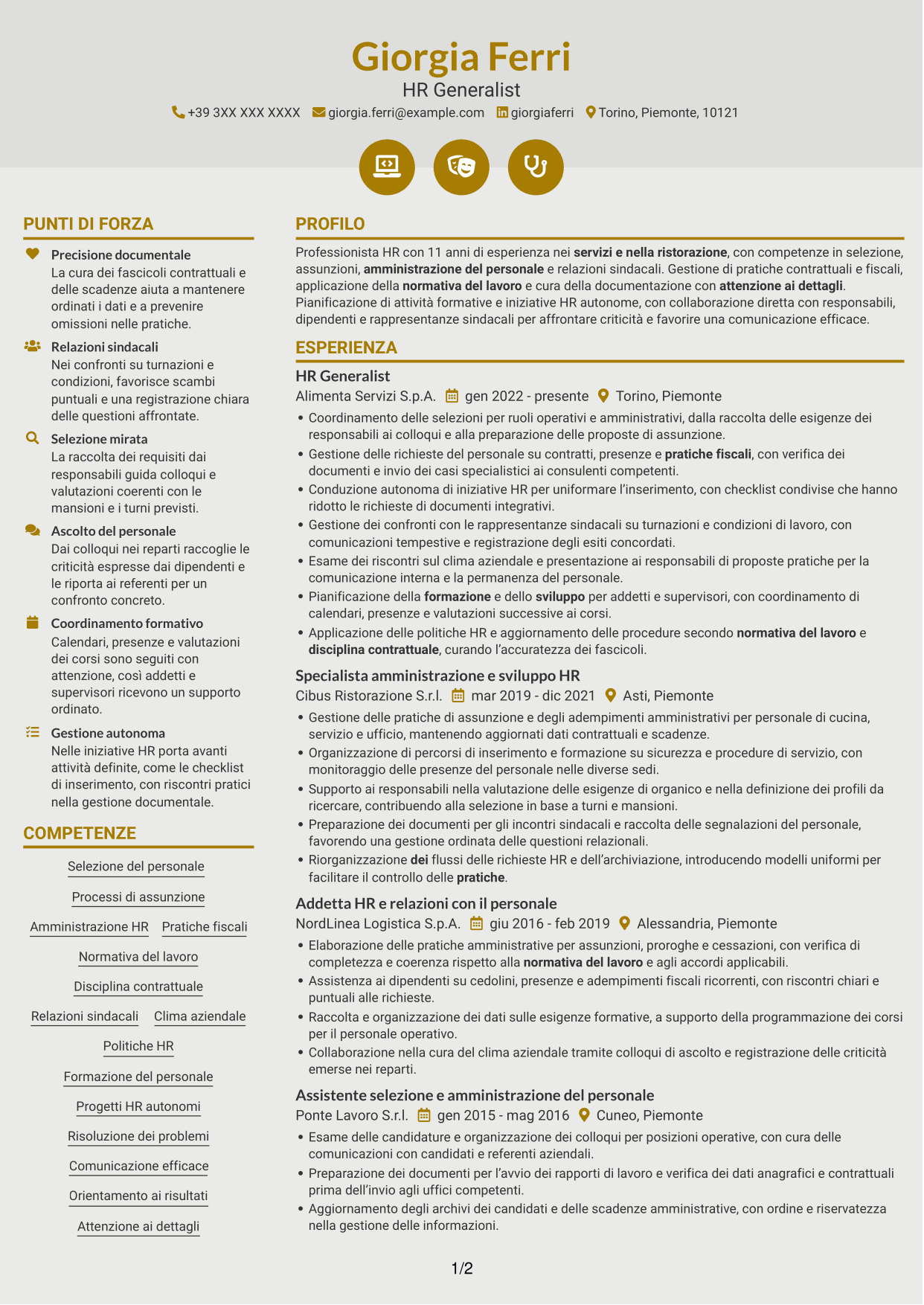 CV Dinamico (formato a due colonne con icone): HR Generalist - Servizi di ristorazione, pagina 1