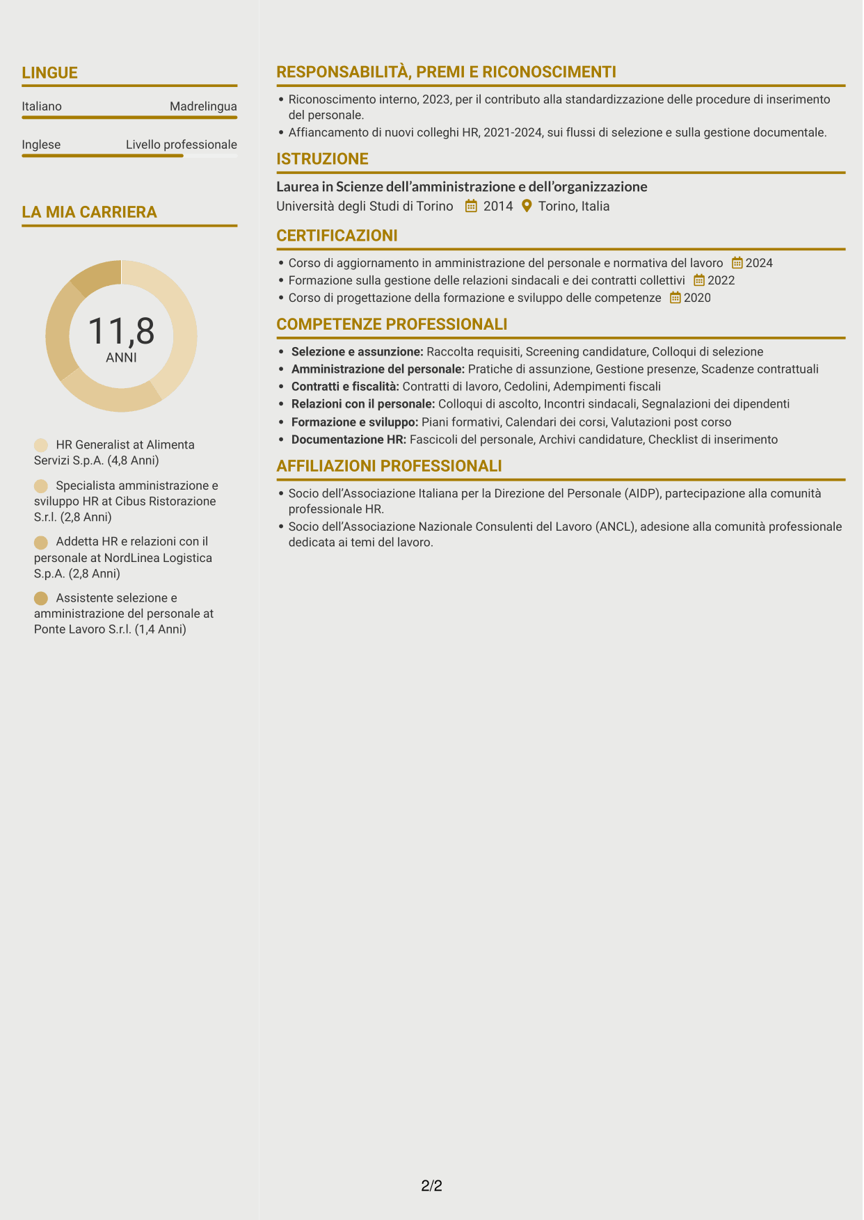 CV Dinamico (formato a due colonne con icone): HR Generalist - Servizi di ristorazione, pagina 2