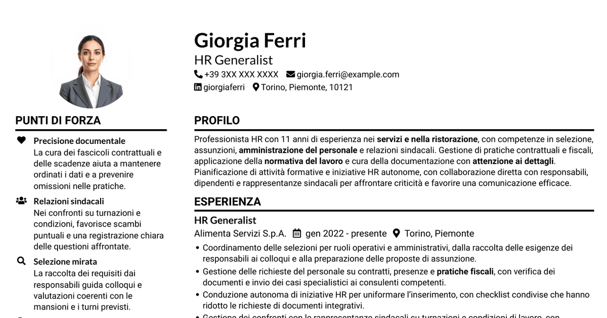 7 modelli di CV per HR Generalist - Servizi di ristorazione, con esempi