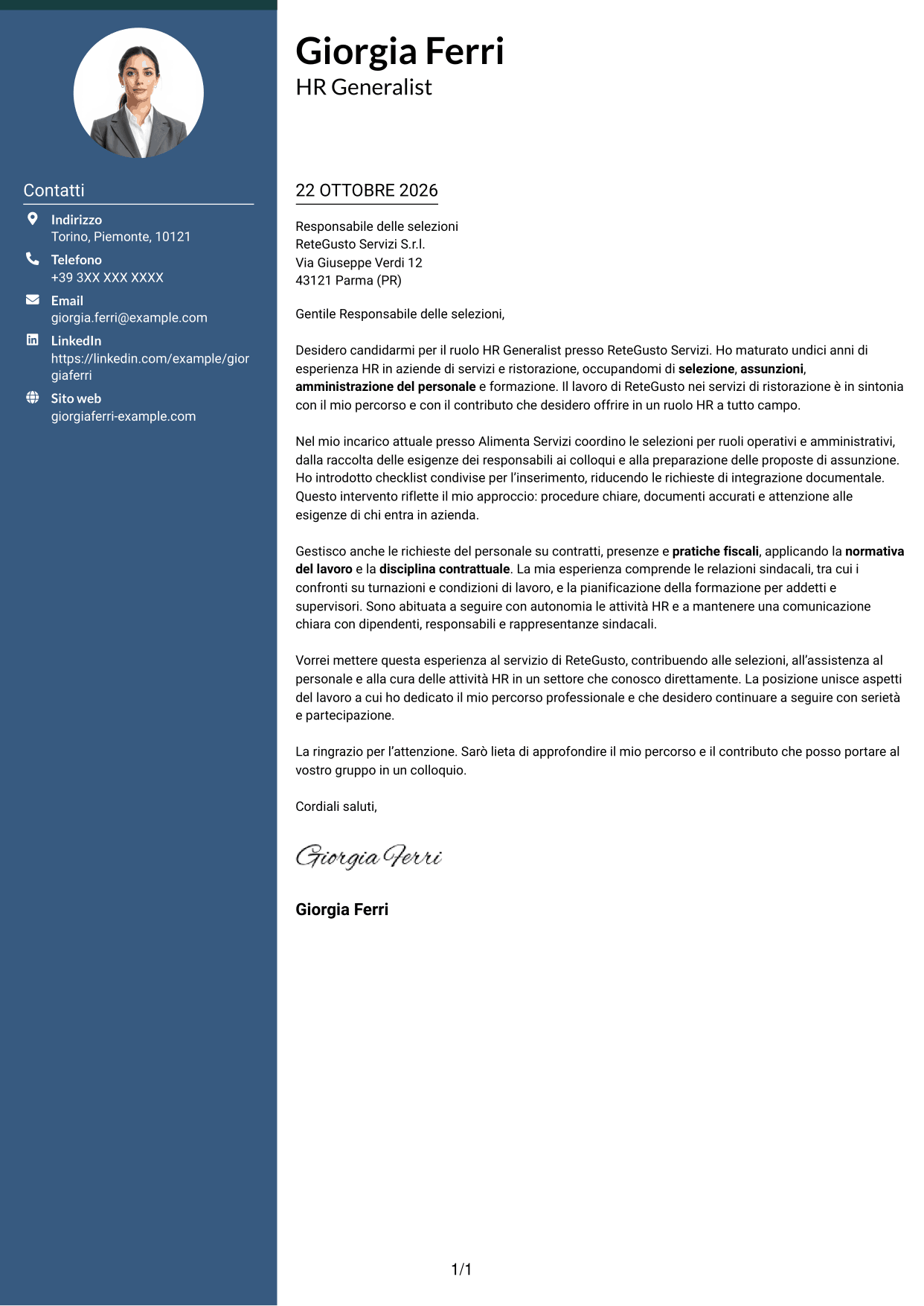 Lettera di presentazione Elegante (formato con colonna laterale colorata e foto): HR Generalist - Servizi di ristorazione, pagina 1