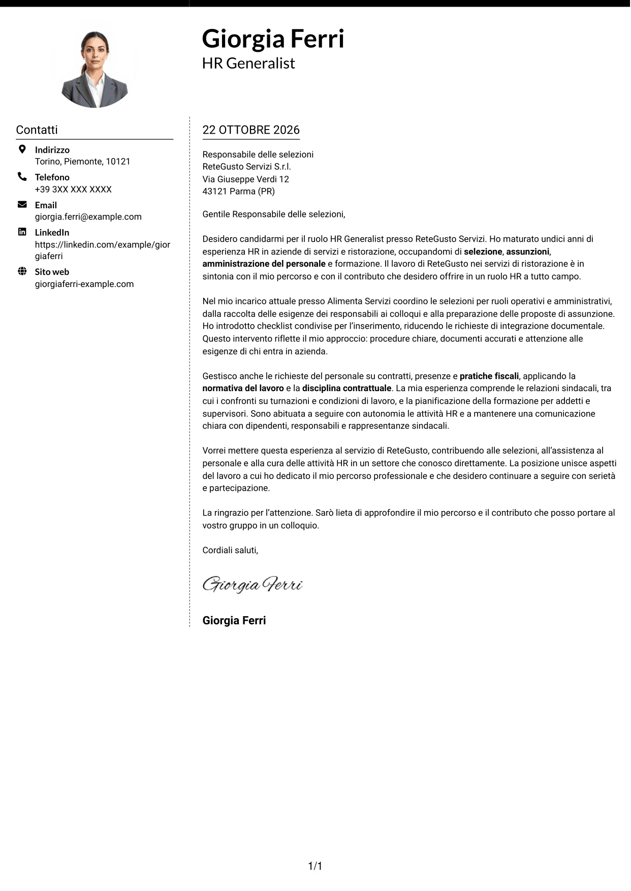 Lettera di presentazione Moderno (formato a due colonne con foto a sinistra e separatore): HR Generalist - Servizi di ristorazione, pagina 1