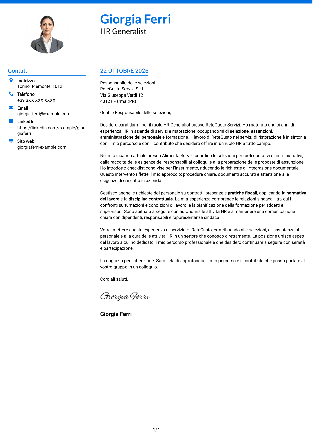 Lettera di presentazione Audace (formato a due colonne con accenti colorati e foto): HR Generalist - Servizi di ristorazione, pagina 1