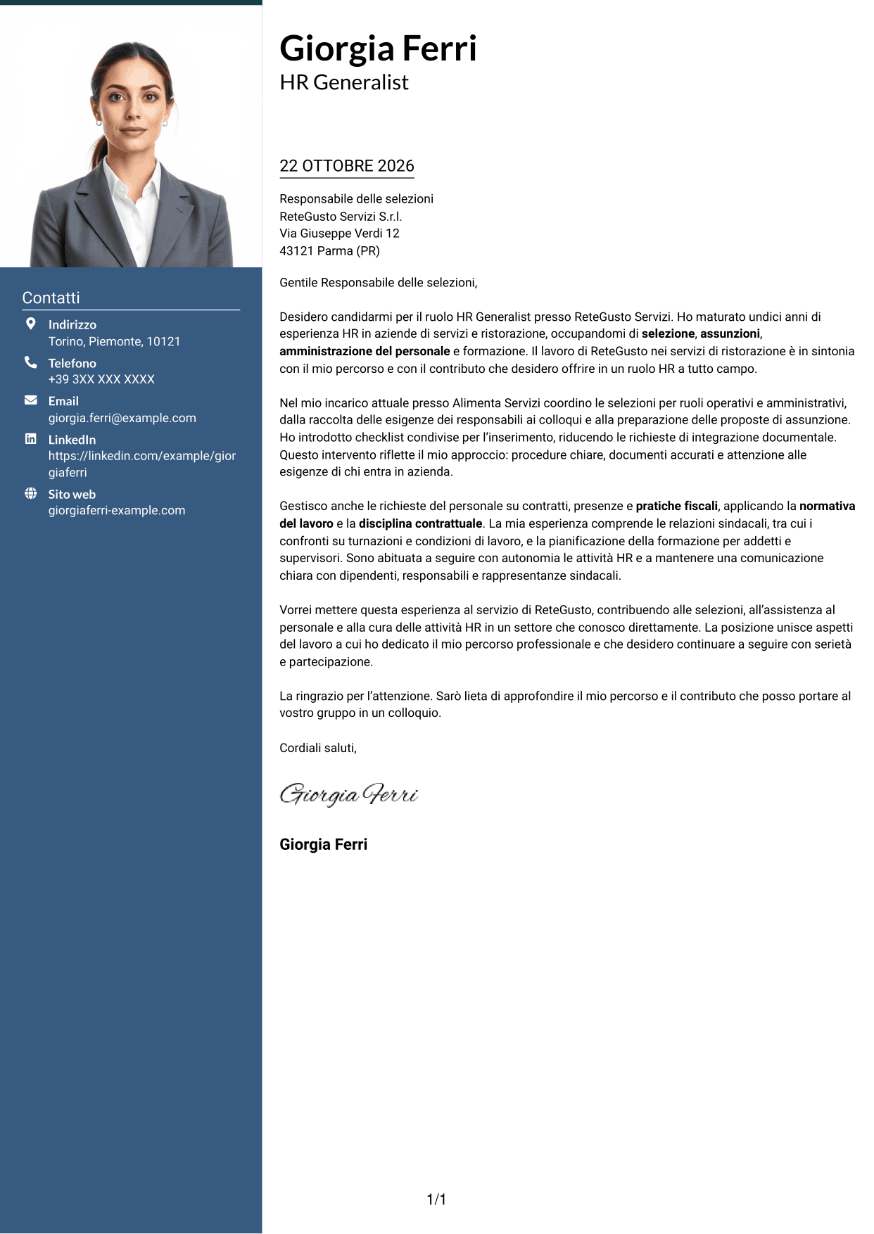 Lettera di presentazione Signature (formato con colonna laterale colorata e foto grande): HR Generalist - Servizi di ristorazione, pagina 1