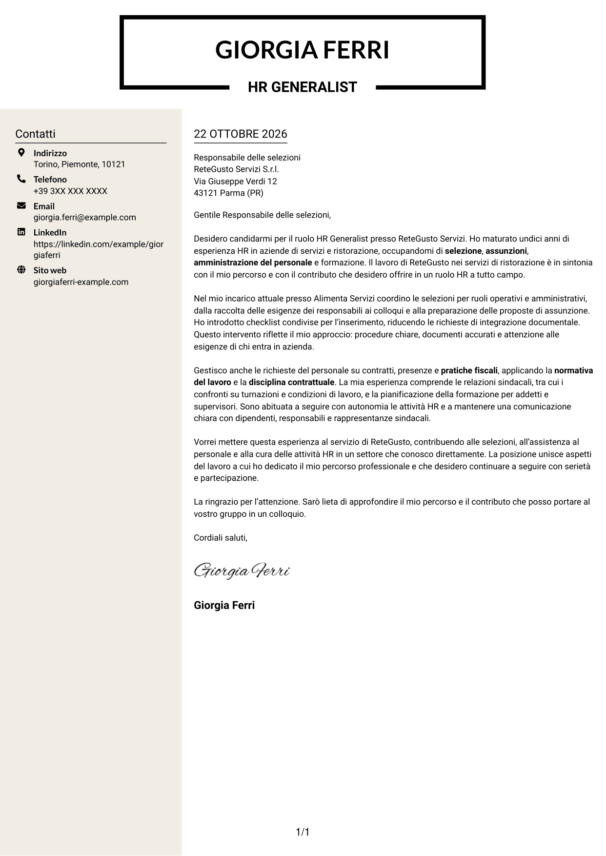Lettera di presentazione Intraprendente (formato a due colonne con intestazione centrata senza foto): HR Generalist - Servizi di ristorazione, pagina 1