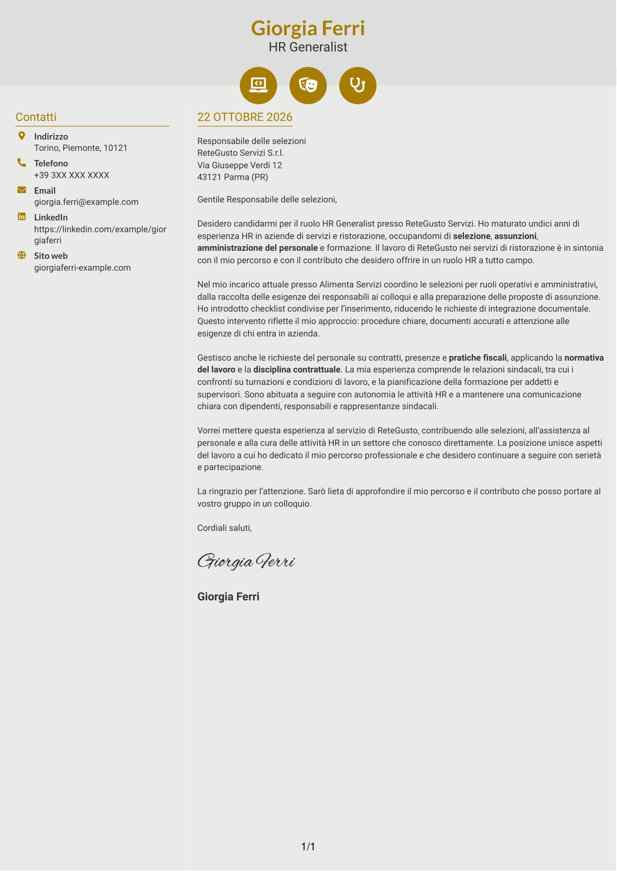 Lettera di presentazione Dinamico (formato a due colonne con icone): HR Generalist - Servizi di ristorazione, pagina 1