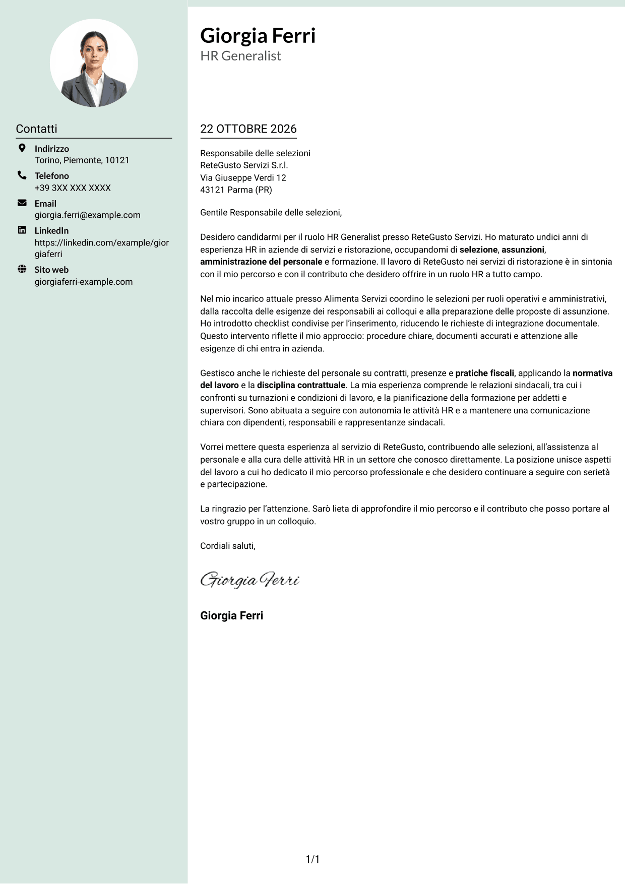 Lettera di presentazione Dirigente (formato con colonna laterale tenue e foto arrotondata): HR Generalist - Servizi di ristorazione, pagina 1