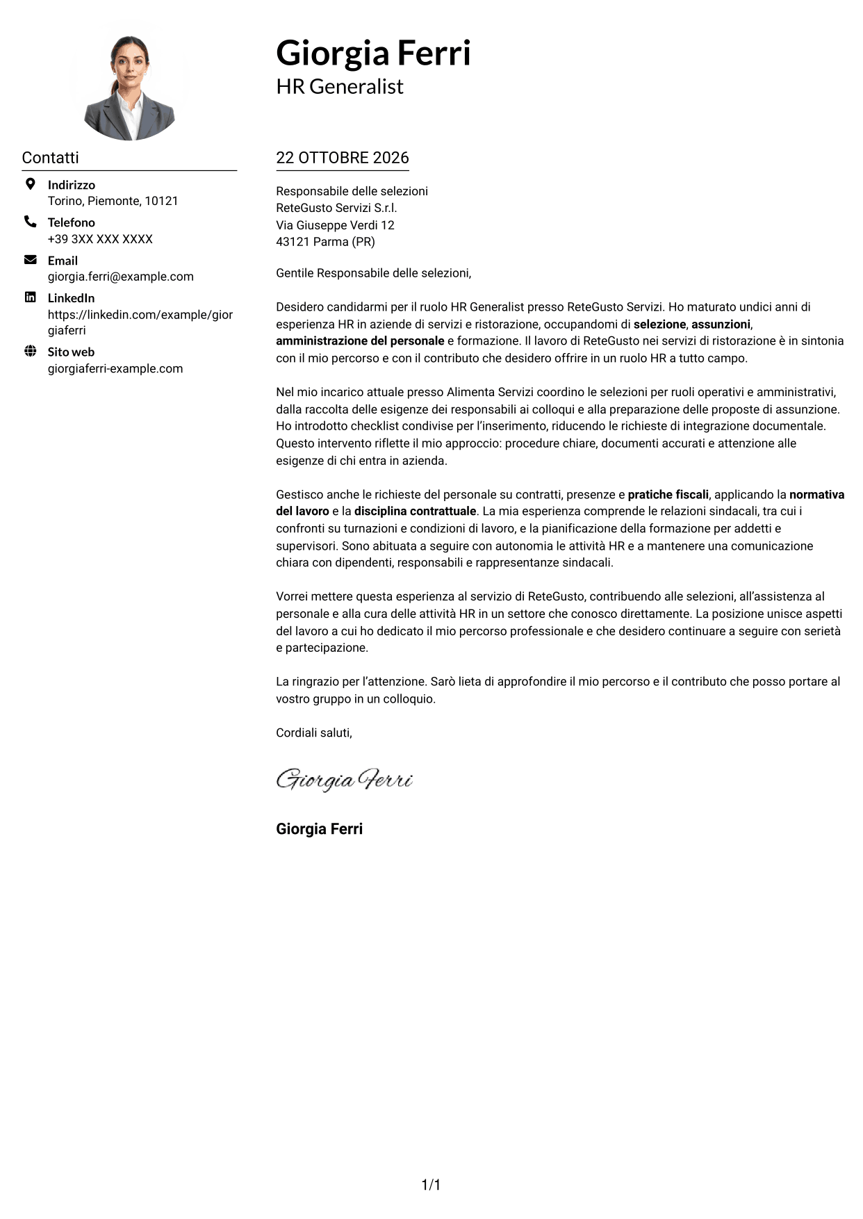 Esempio di lettera di presentazione — pagina 1