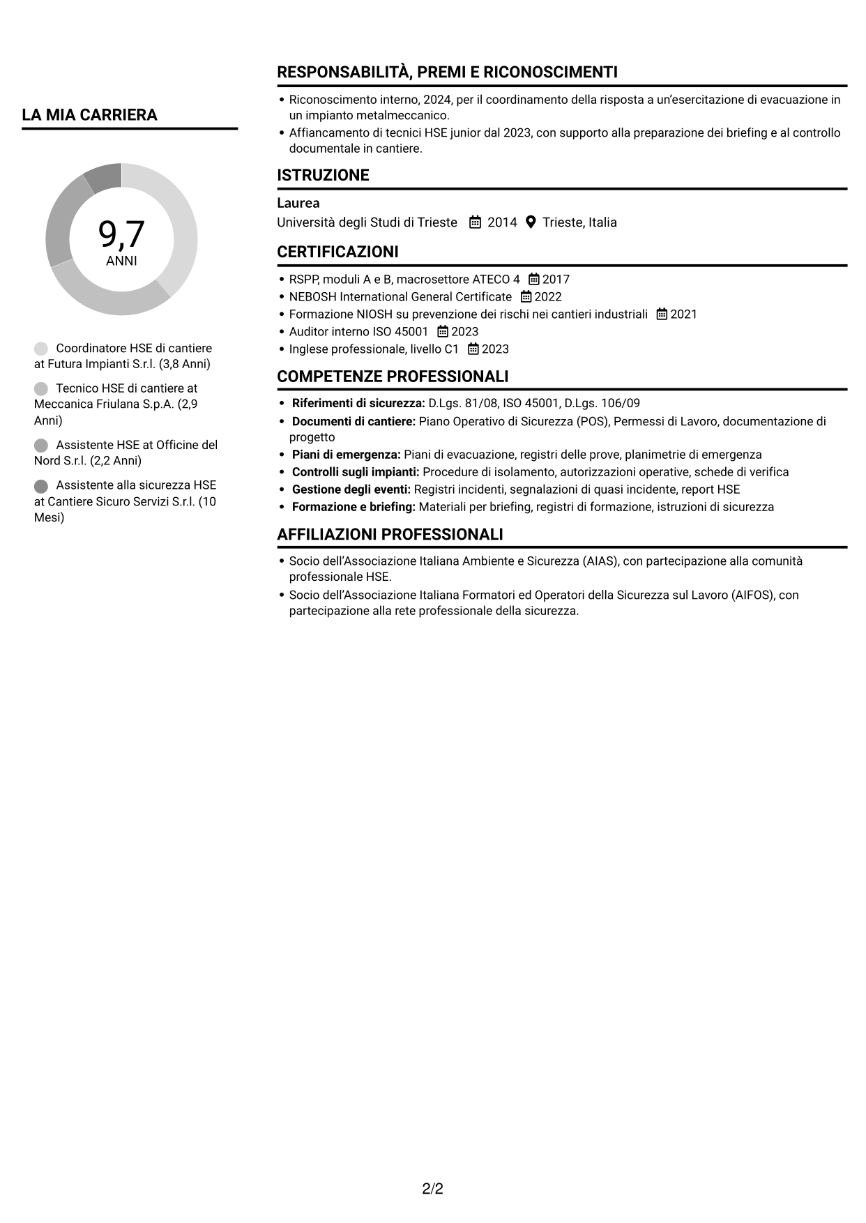 CV Compatto (formato sobrio a due colonne con foto): HSE di cantiere - Cantieri industriali, pagina 2