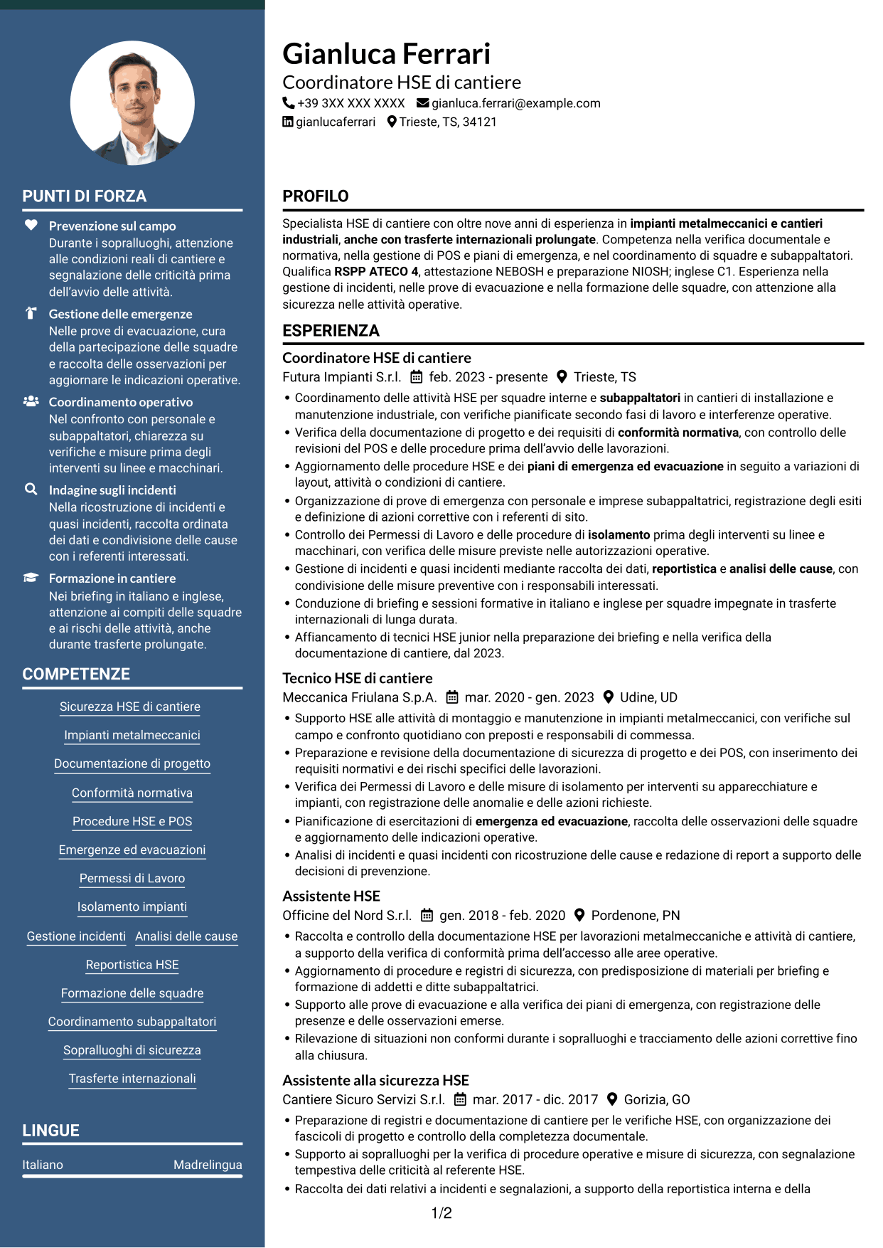 CV Elegante (formato con colonna laterale colorata e foto): HSE di cantiere - Cantieri industriali, pagina 1