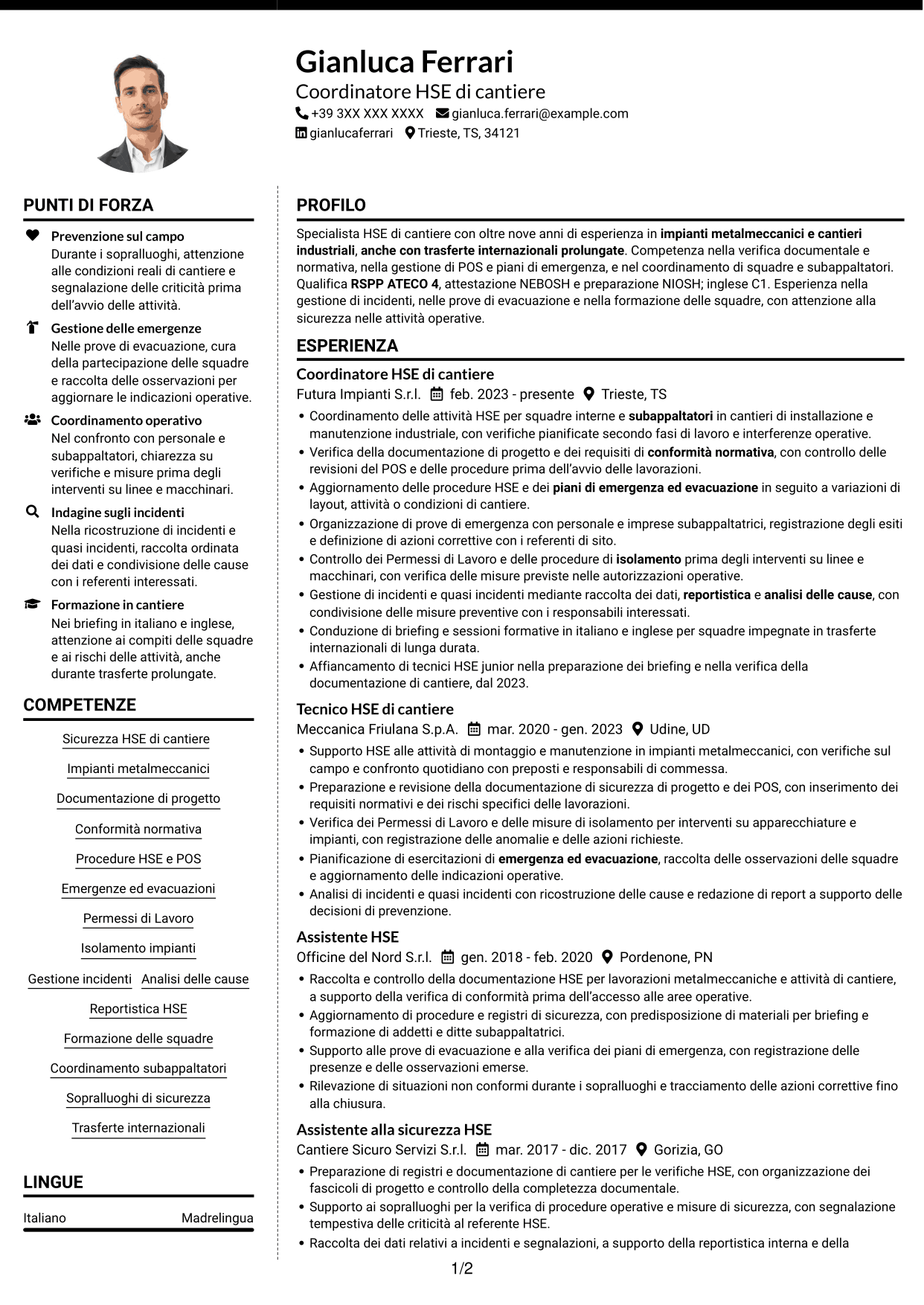 CV Moderno (formato a due colonne con foto a sinistra e separatore): HSE di cantiere - Cantieri industriali, pagina 1