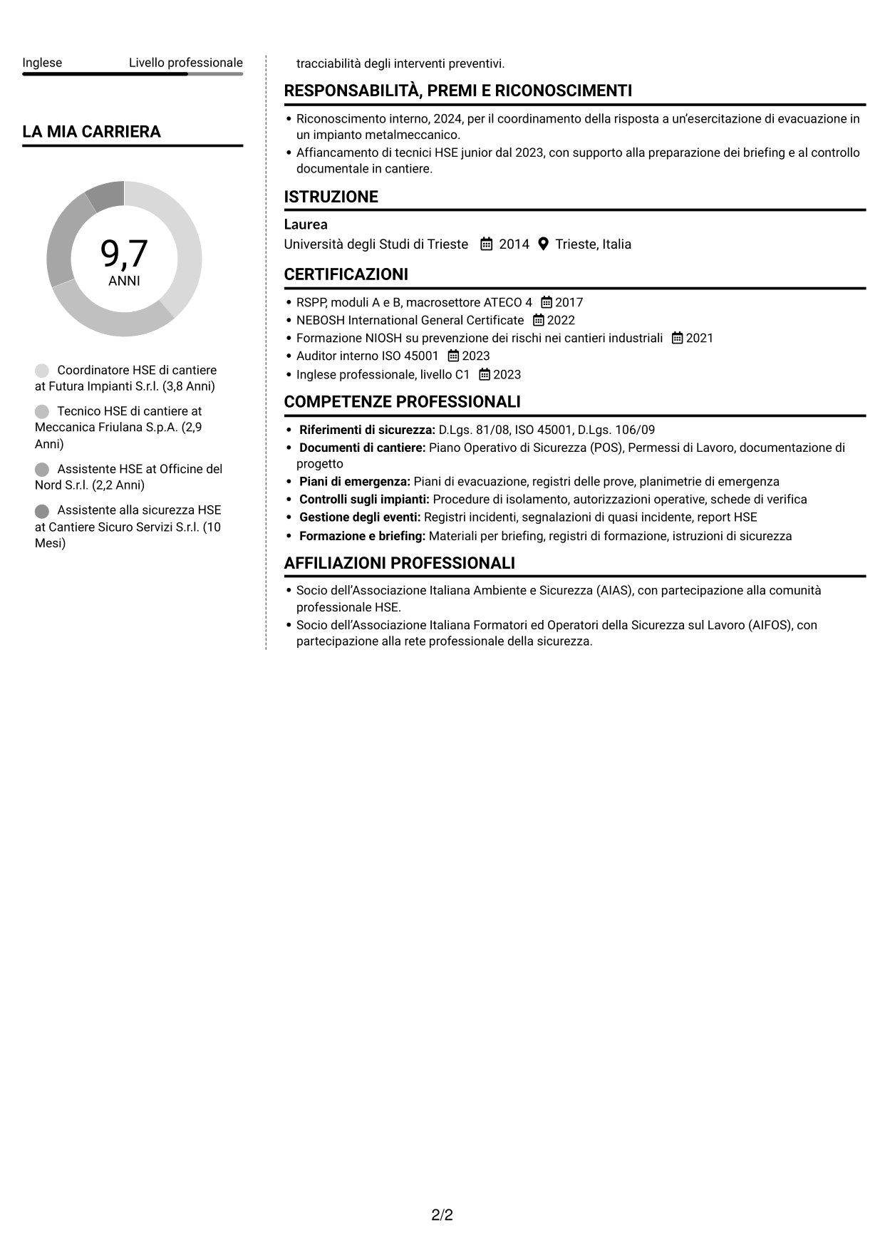 CV Moderno (formato a due colonne con foto a sinistra e separatore): HSE di cantiere - Cantieri industriali, pagina 2