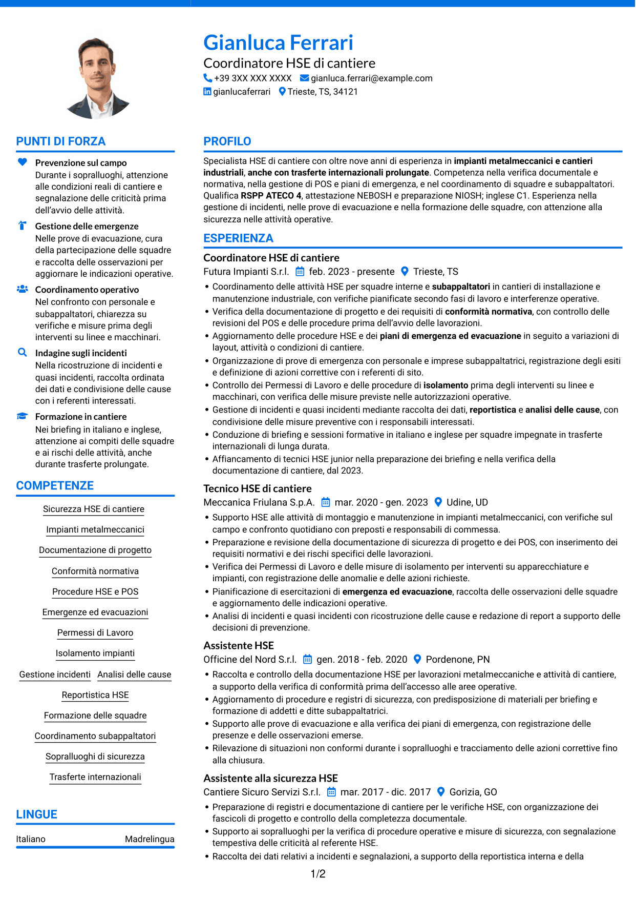 CV Audace (formato a due colonne con accenti colorati e foto): HSE di cantiere - Cantieri industriali, pagina 1