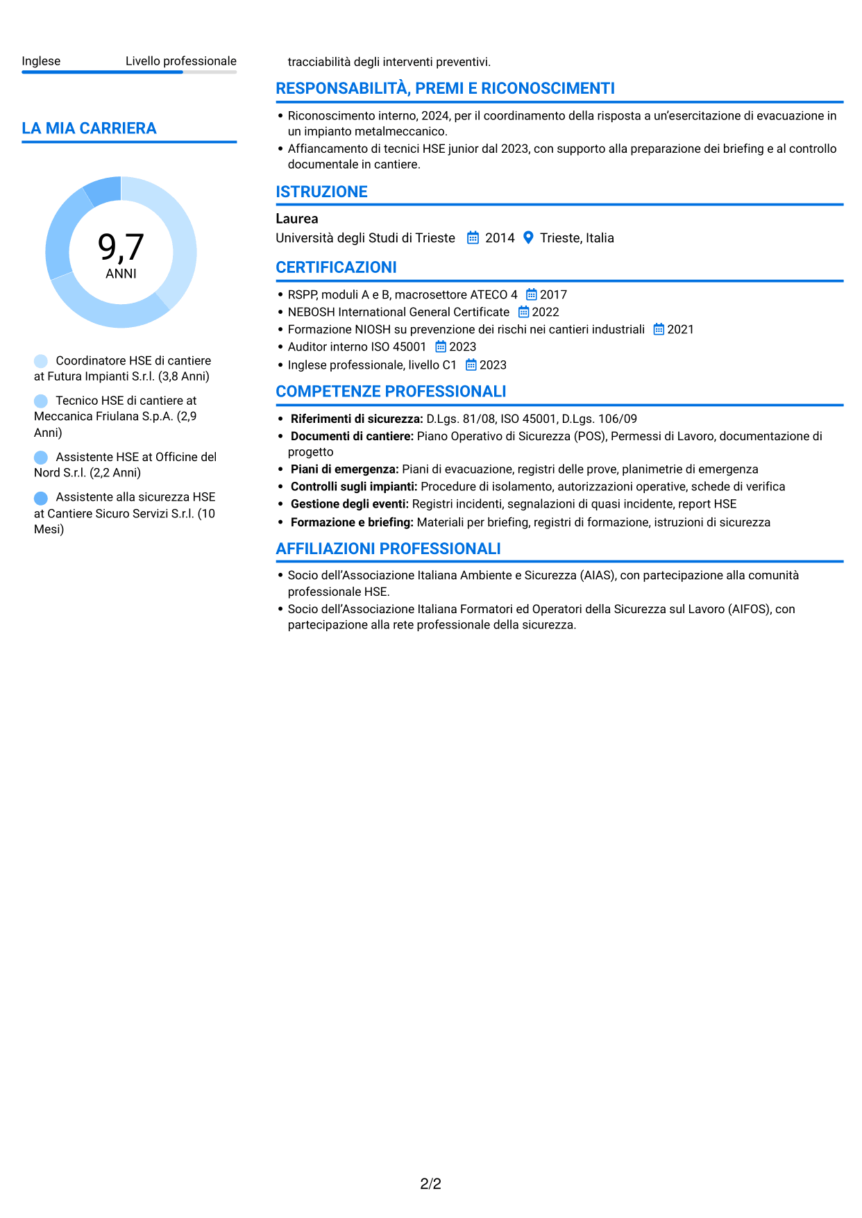CV Audace (formato a due colonne con accenti colorati e foto): HSE di cantiere - Cantieri industriali, pagina 2