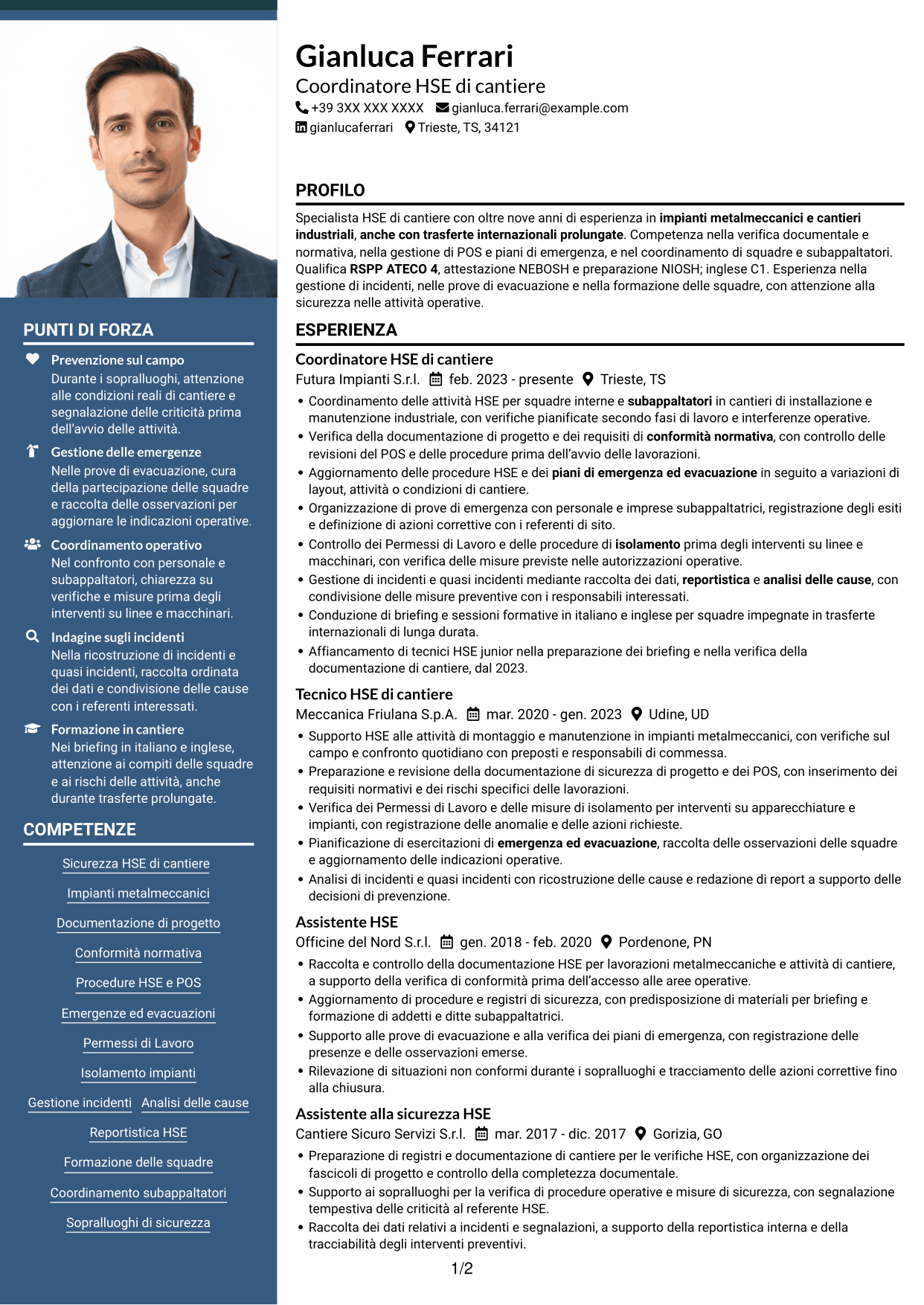 CV Signature (formato con colonna laterale colorata e foto grande): HSE di cantiere - Cantieri industriali, pagina 1